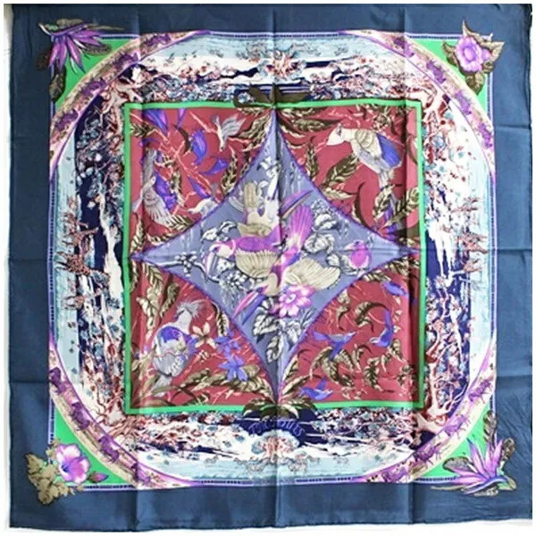 HERMÈS Carre 90 TROPIQUES Blue x Purple Multicolor Silk 100% Square Scarf Floral