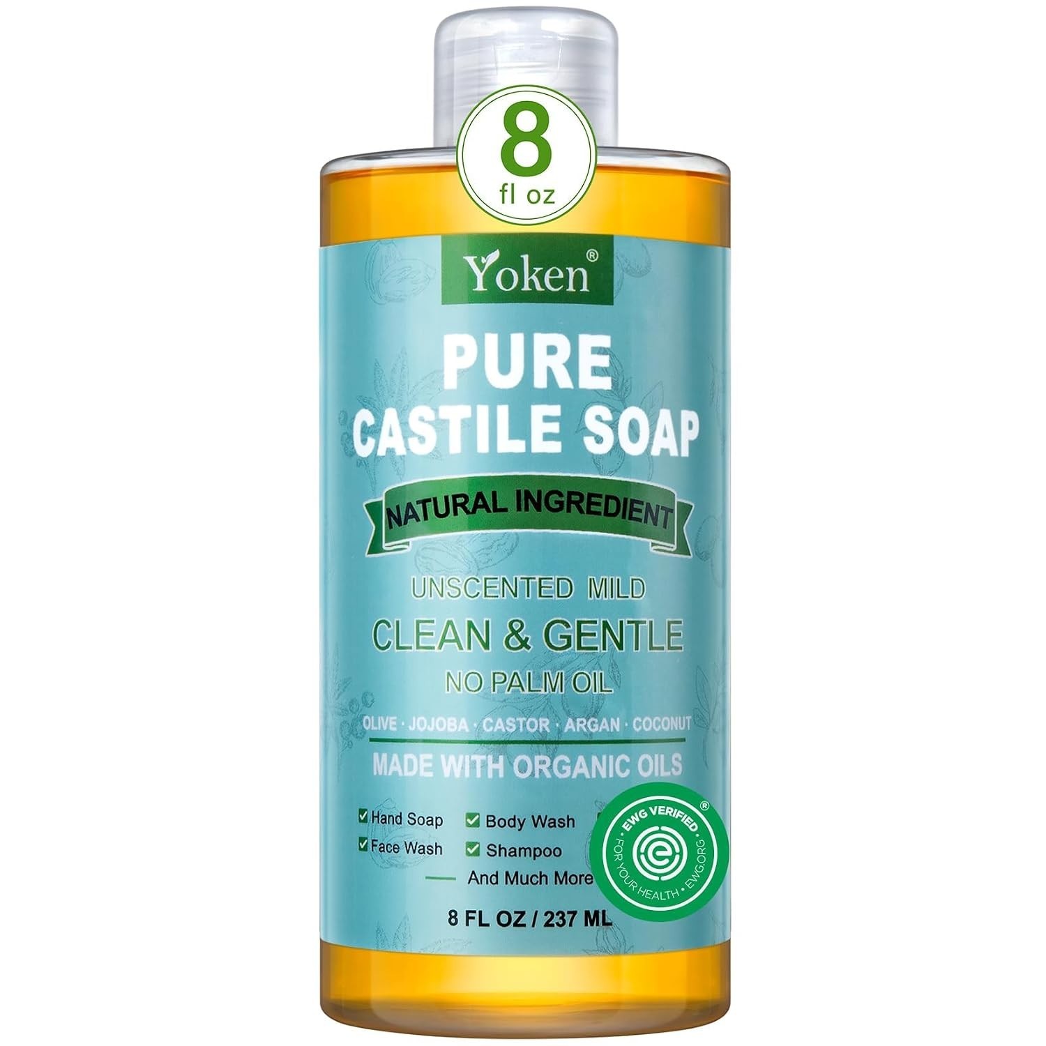 Yoken Pure Castile Liquid Soap 8 Oz Unscented with Organic Oil EWG Verified