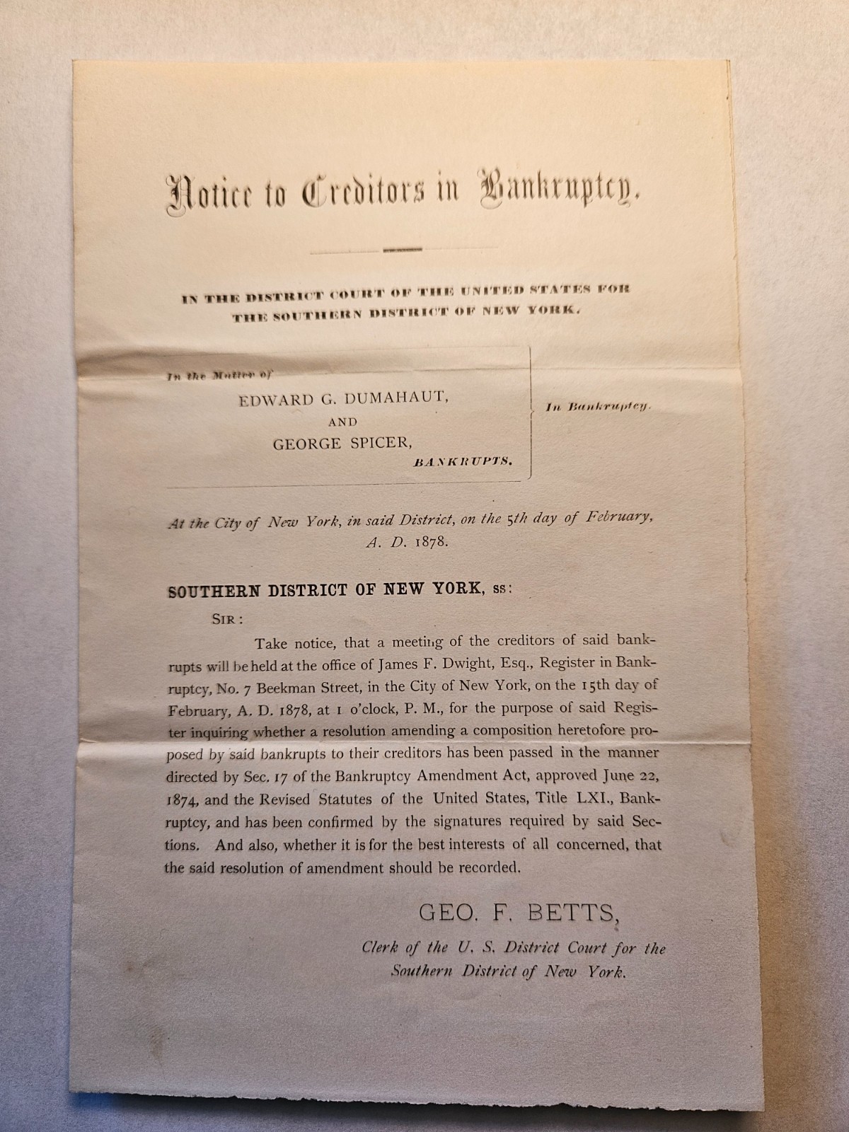 1878 BANKRUPTCY NOTICE - NEW YORK CITY ADDRESSED TO GLENS FALLS ,NY