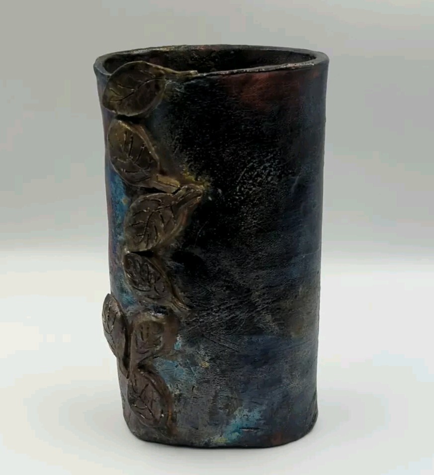 Studio Art Pottery Raku Vase With Applied Leaves Signed