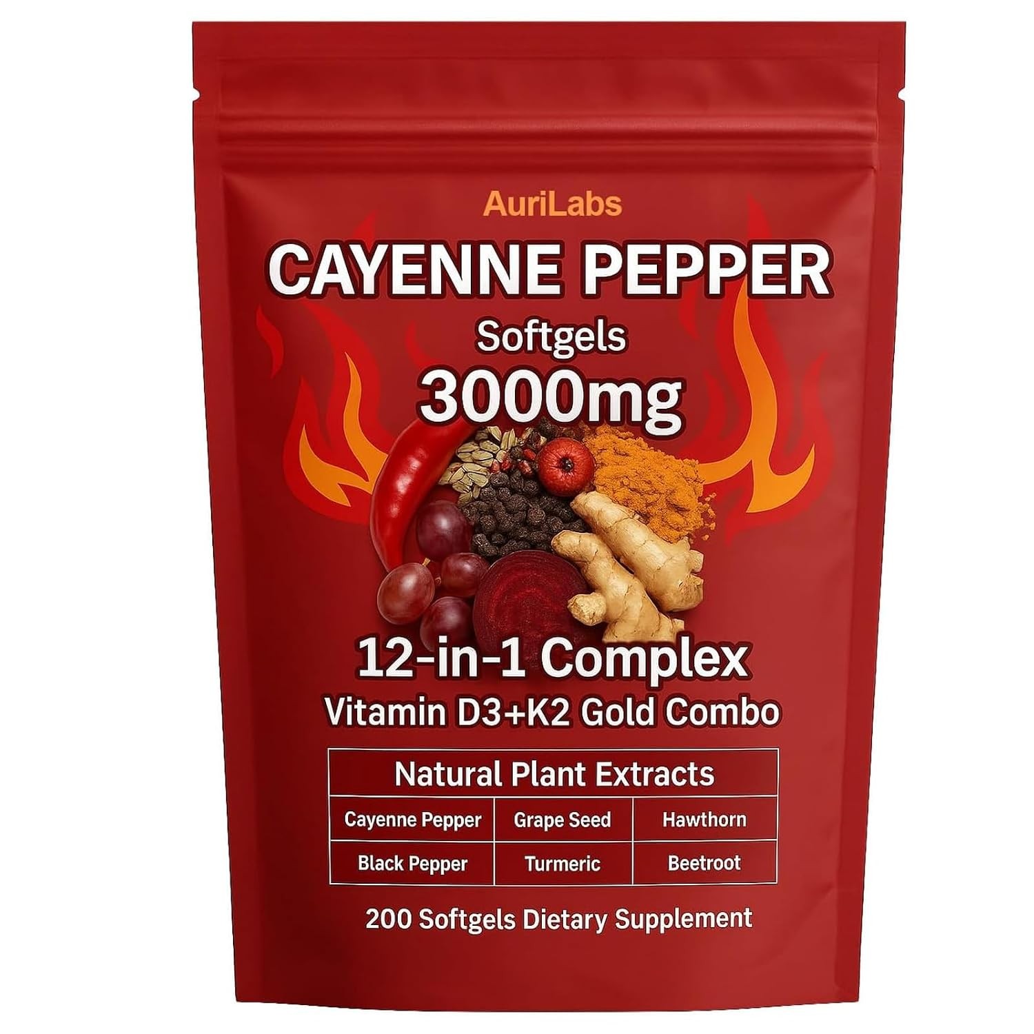 Aurivita Cayenne Pepper Softgels Vitamin D3 K2 Beetroot Grape Seed Extract