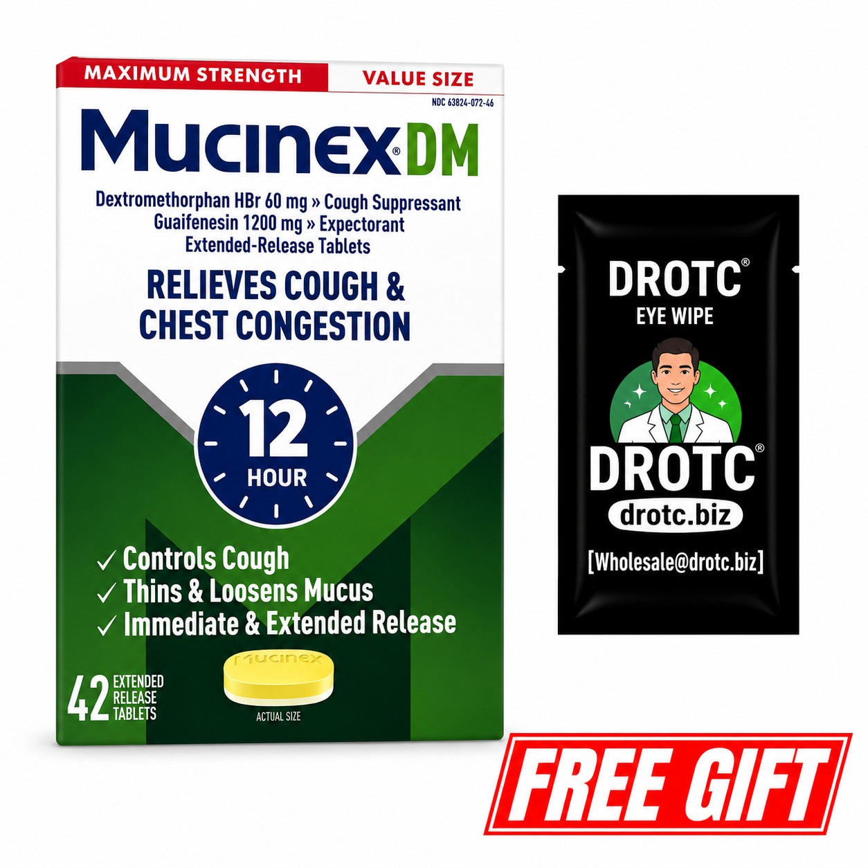 Mucinex DM Max Strength 42 Tablets + Free DR OTC Eye Wipe - Exp 06/2027