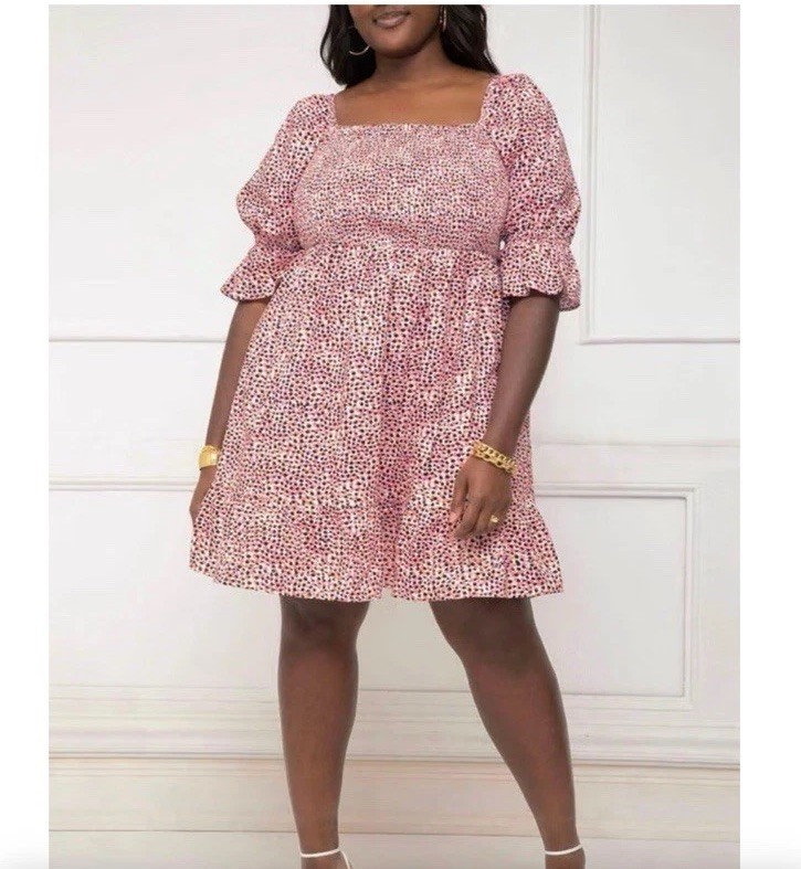 ELOQUII Elements Pink Speckled Smocked Mini Dress Plus Size 18 Puff Sleeve NWOT