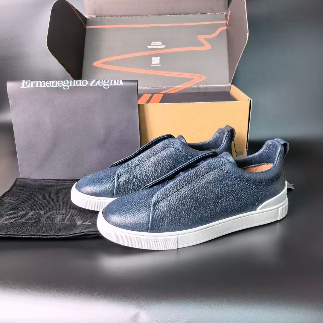 ZEGNA MEN SIZE Triple Stitch Navy leather Slip On Casual Sneakers