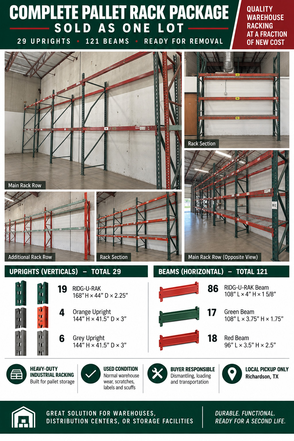 Used Warehouse Pallet Racking – 29 Uprights 121 Beams + 22 Wire OBO - $1,495