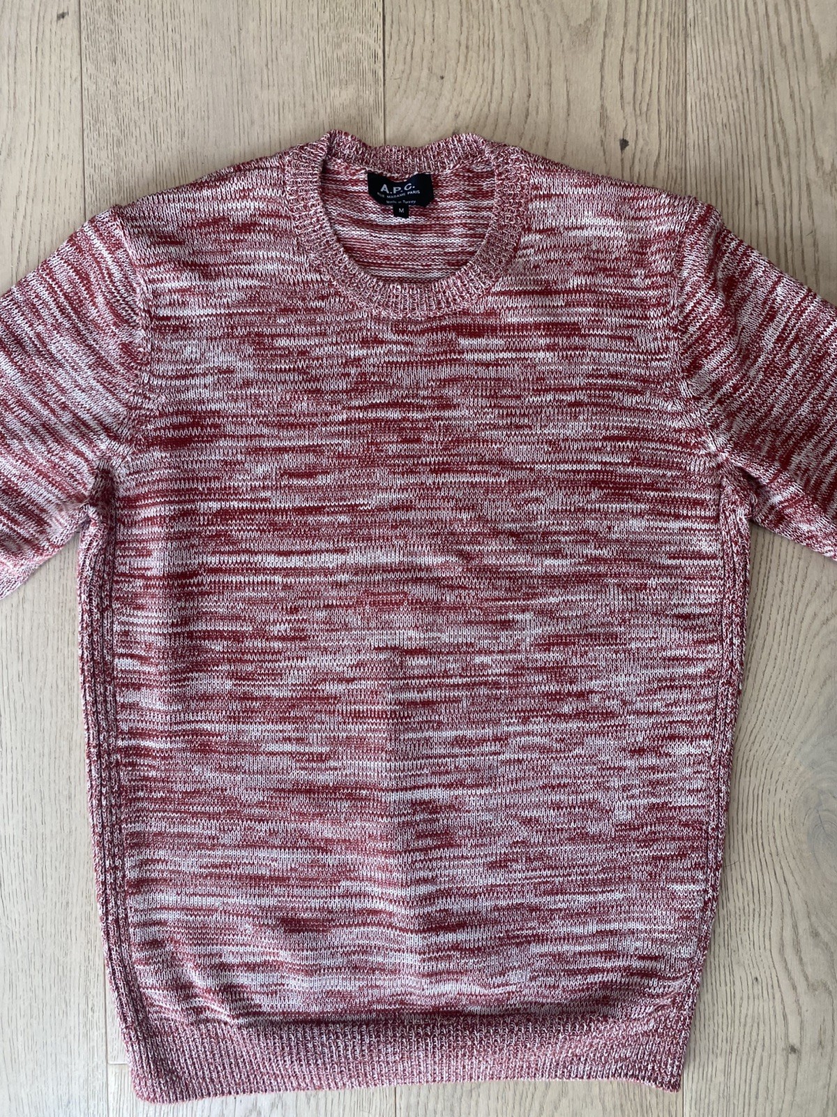 A.P.C. Men\'s Red White Marled Cotton Pullover Sweater Size M