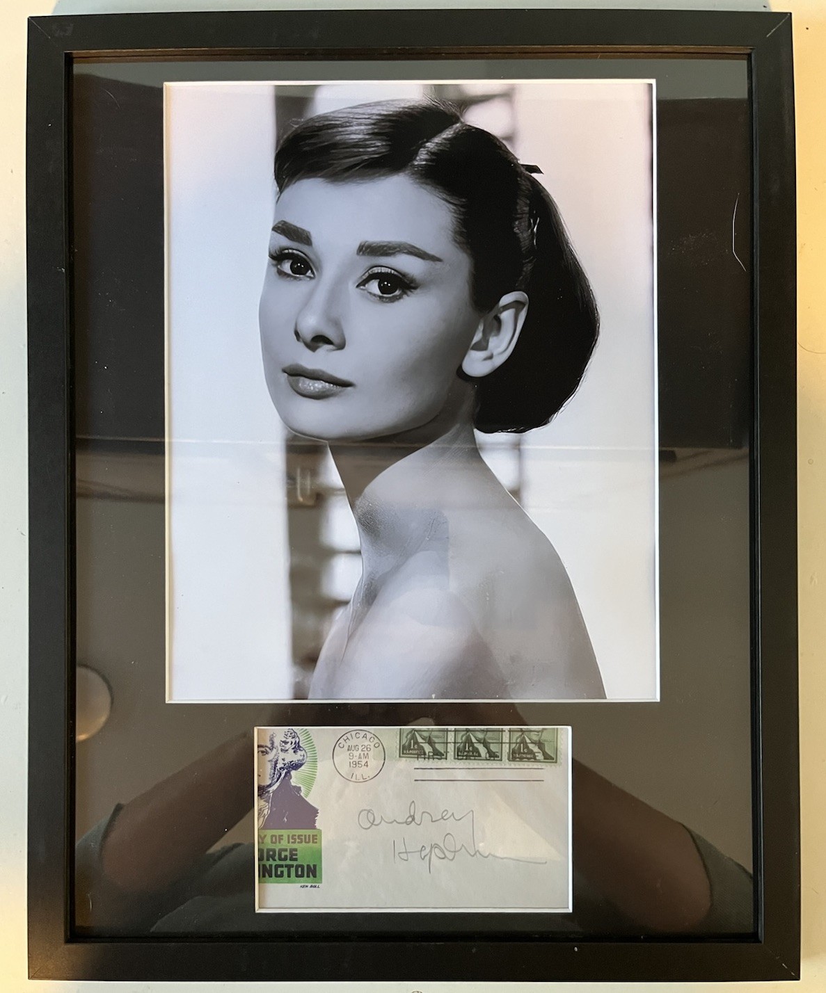 Audrey Hepburn signed autographed envelope & photo framed 11x14