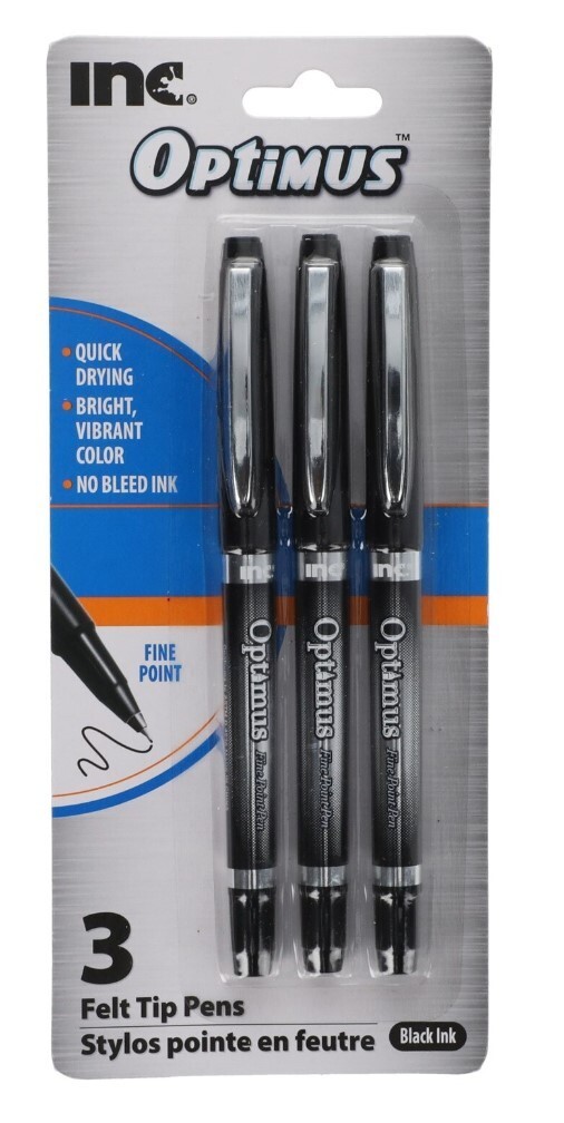New Inc Optimus Felt Tip Pens Fine Point, 1 pack of 3 Pens ~Optimus ~ Black Ink New Inc Optimus Felt Tip Pens Fine Point, 1 pack of 3 Pens ~Optimus ~ Black Ink