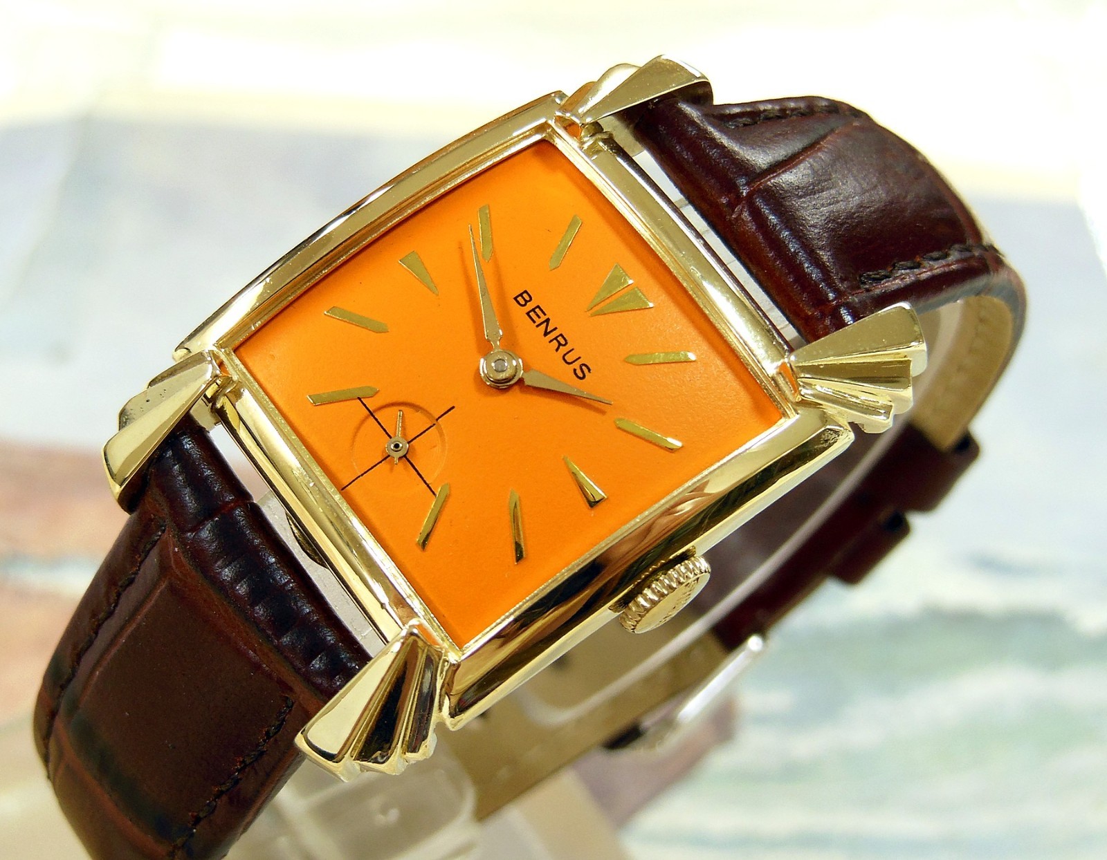1950's Vintage BENRUS, CLAW LUGS, Stunning ORANGE Dial, Serviced & Warranty