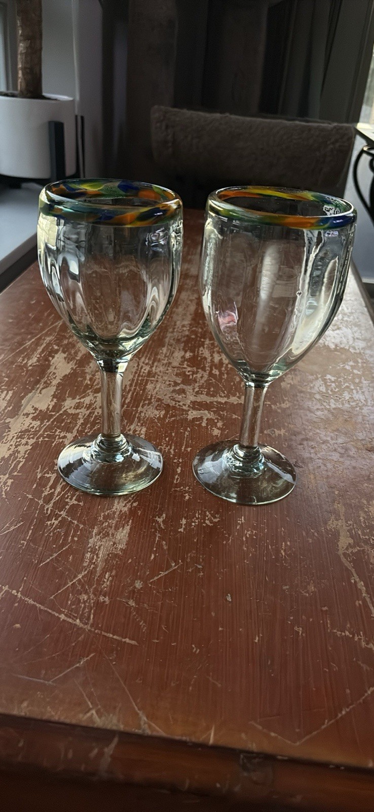 Confetti Mexican Hand Blown Colorful Pebble Glass Wine Water Glasses Set of 2
