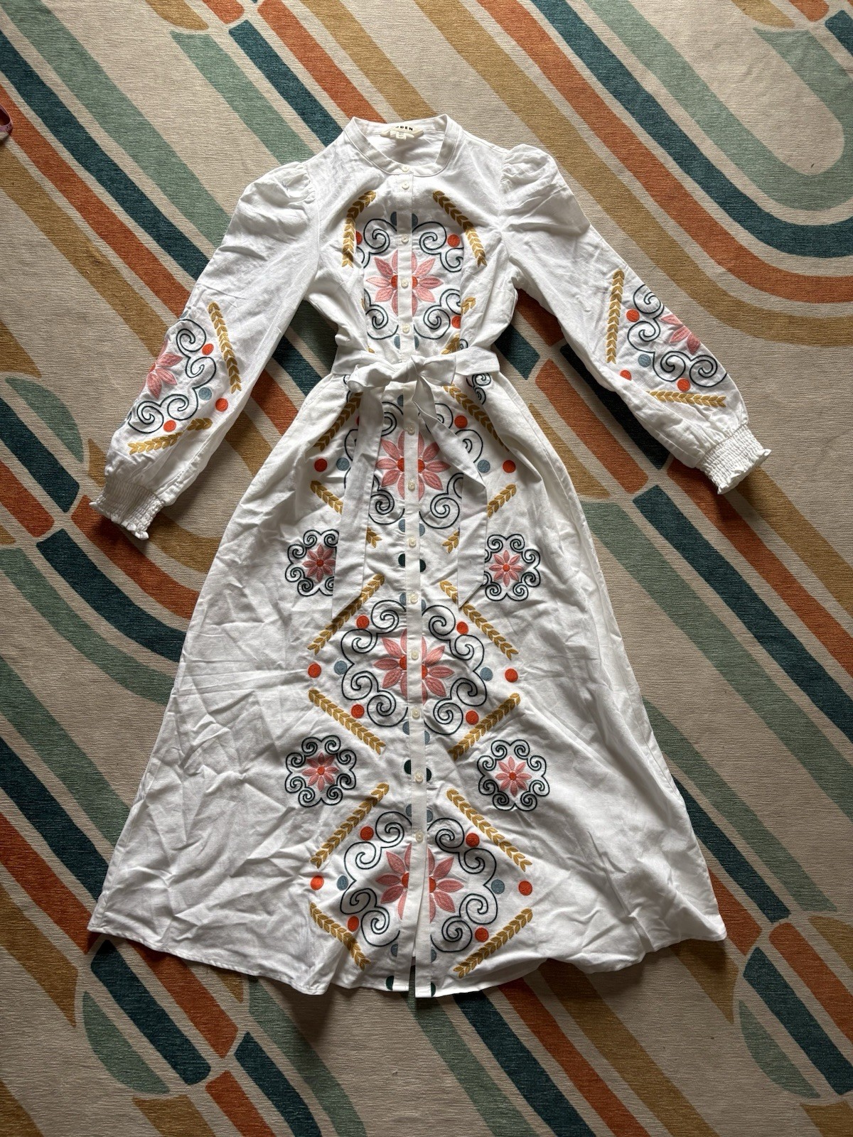 Boden White Floral Embroidered Belted Button Front Midi Shirt Dress S/M