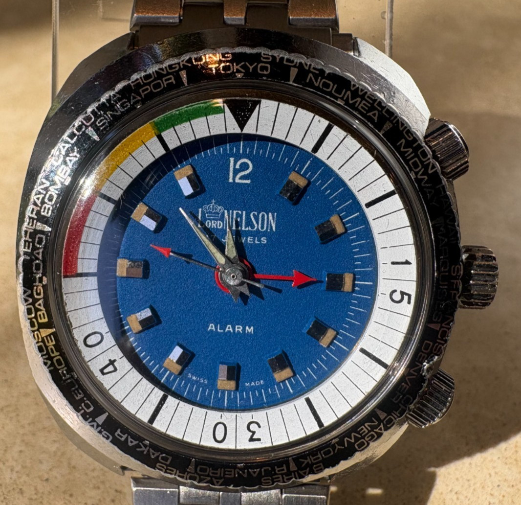 VINTAGE Lord Nelson ALARM World Time Super Compressor Style 17 Jewel Serviced