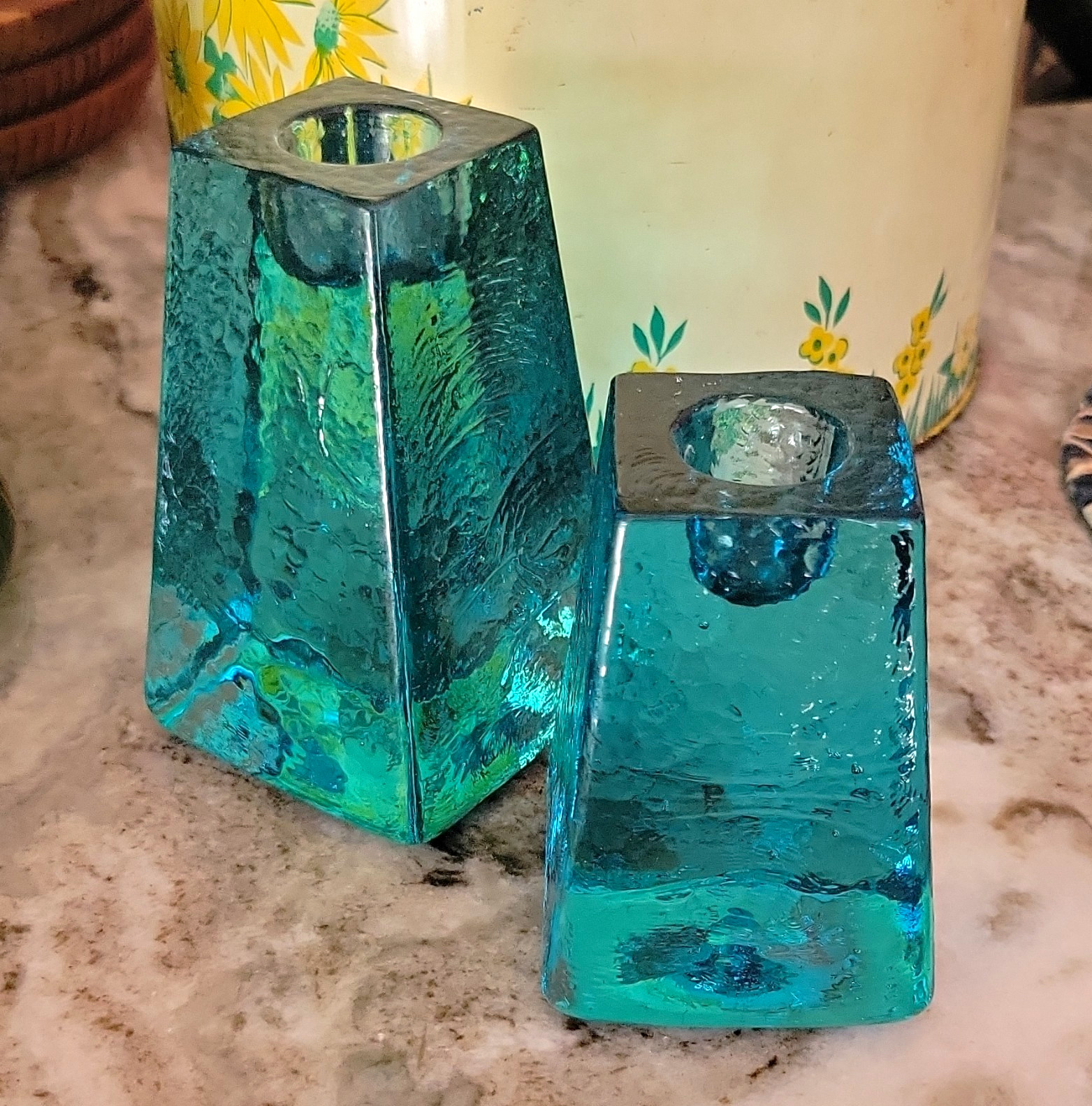 Vintage Fire & Light Aqua Blue Art Glass Candle Holders Pair Signed Deco