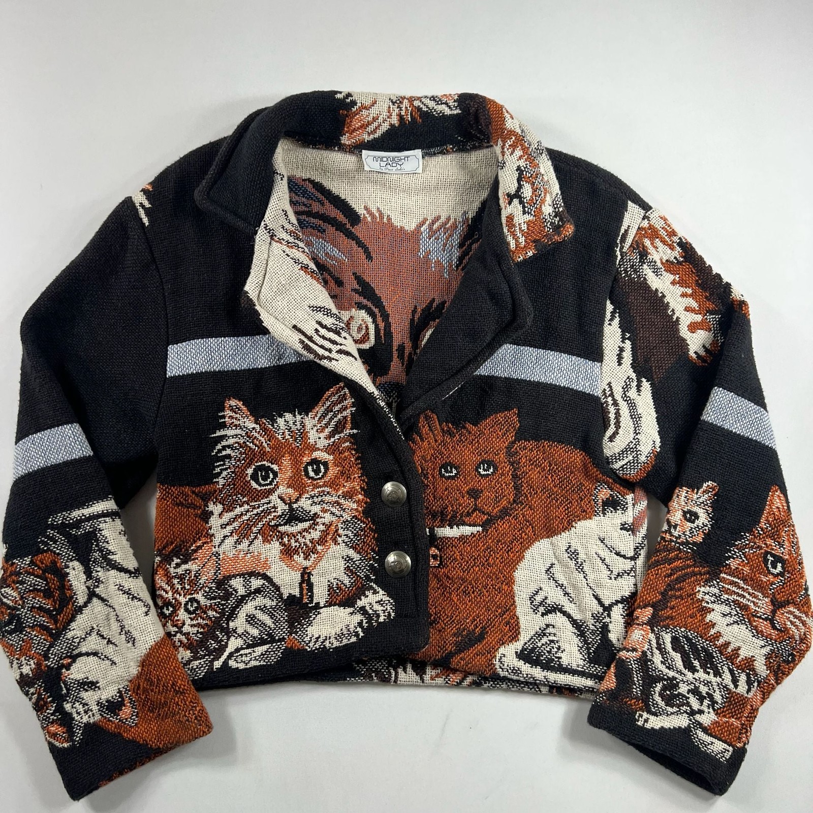 Vintage Midnight Lady by Paco Soie Cat Tapestry Cropped Jacket Women’s M