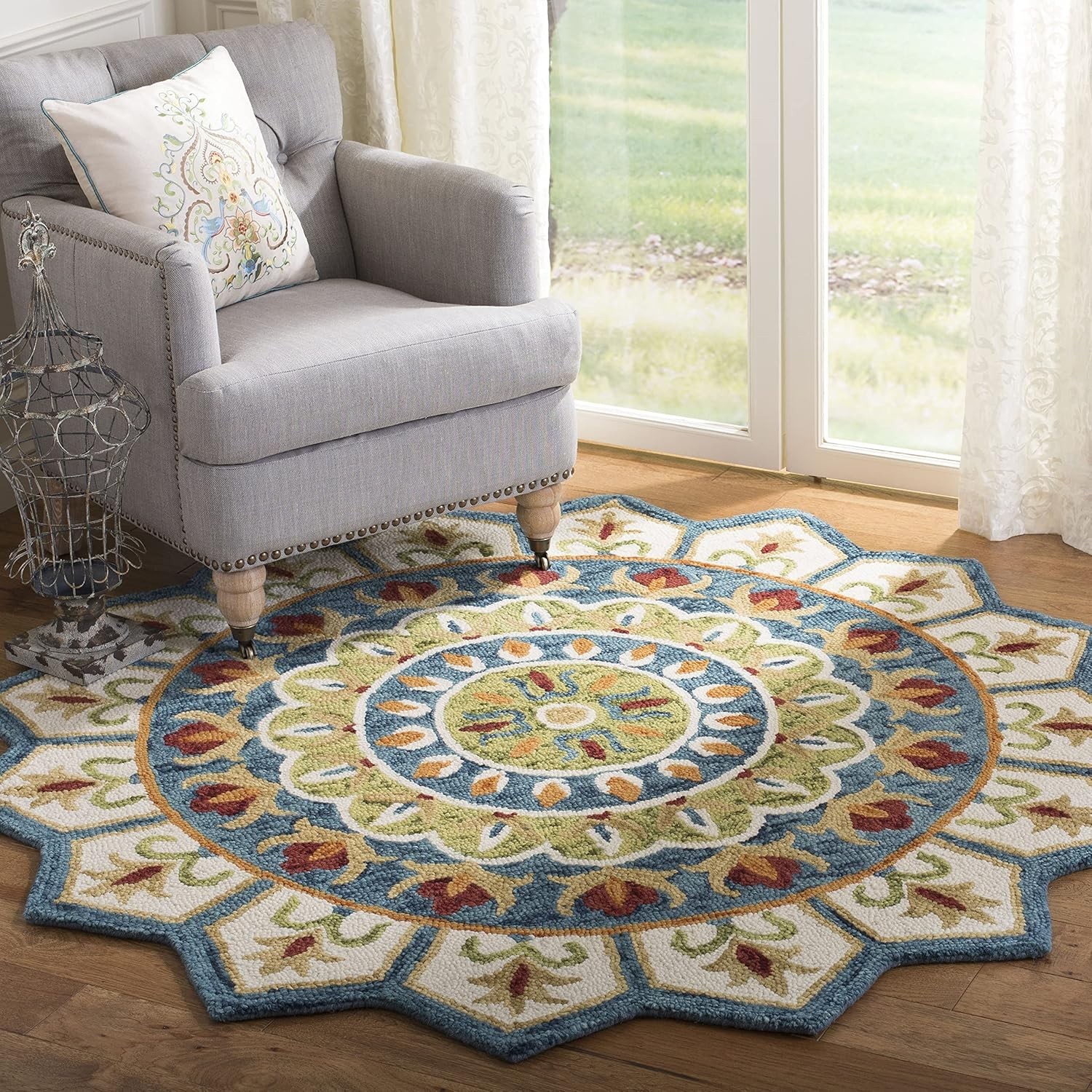 Handmade Boho Mandala Area Rug - 6\' Round, Ivory & Blue, High Traffic Use Handmade Boho Mandala Area Rug - 6\' Round, Ivory & Blue, High Traffic Use