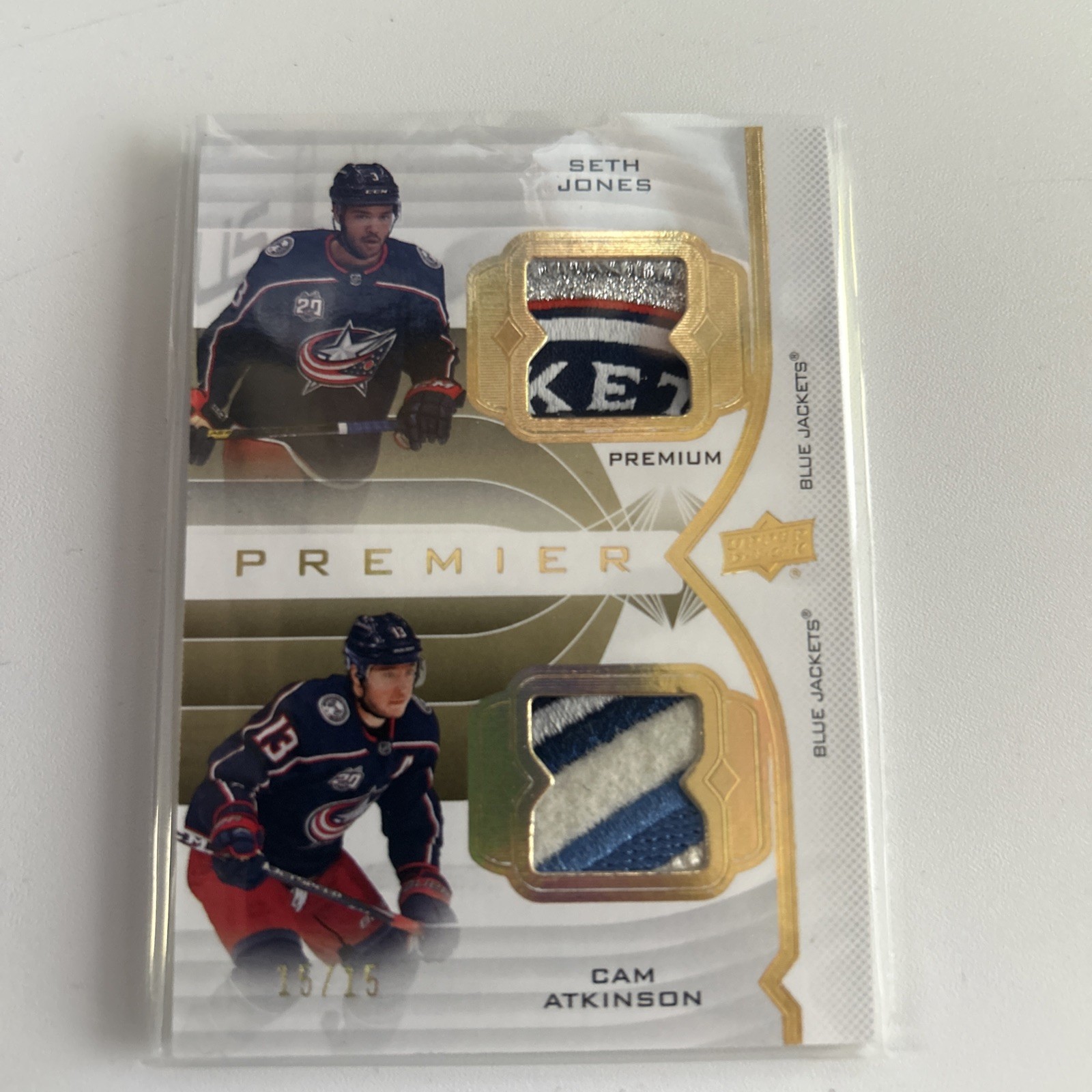 2020-21 Upper Deck Premier Dual Patch Seth Jones & Cam Atkinson 15/15 2020-21 Upper Deck Premier Dual Patch Seth Jones & Cam Atkinson 15/15