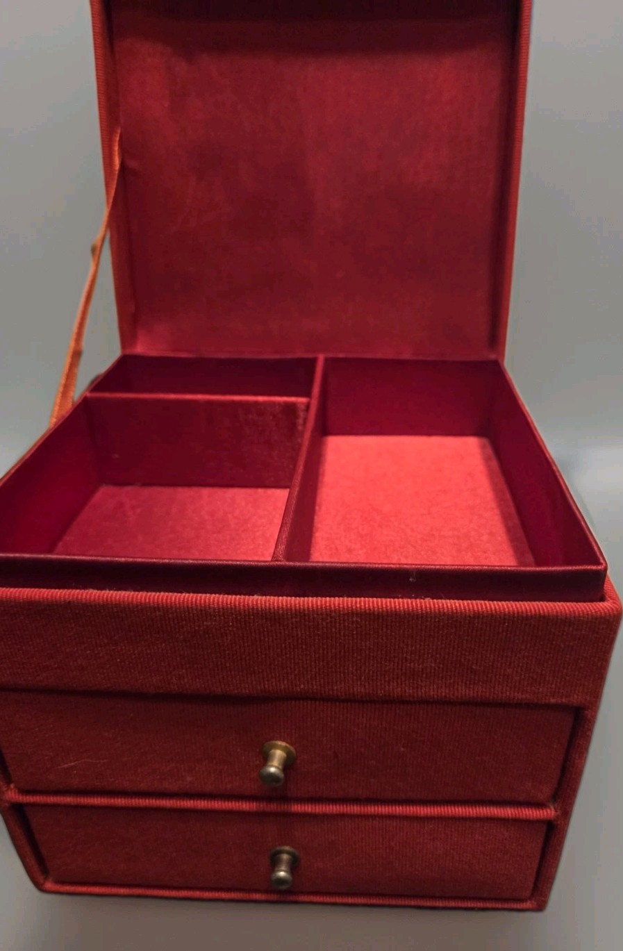 Vintage Red Cloth Square Jewelry Trinket Box 2 Drawer & Top Loading MCM Vintage Red Cloth Square Jewelry Trinket Box 2 Drawer & Top Loading MCM