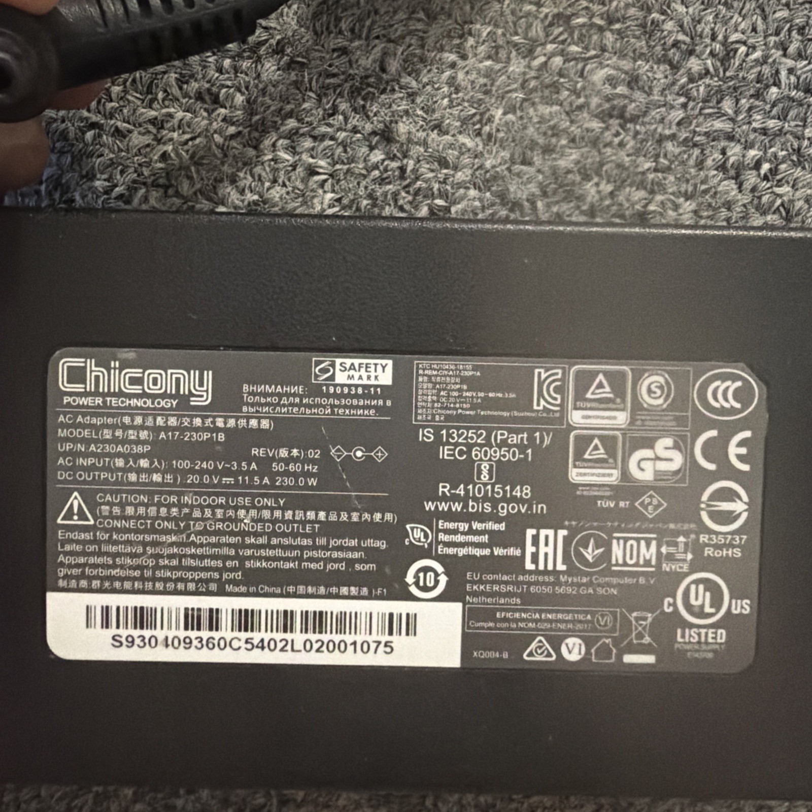 Original Chicony MSI GE66 Raider 10UG A17-230P1B 230W 20V  AC Adapter Charger