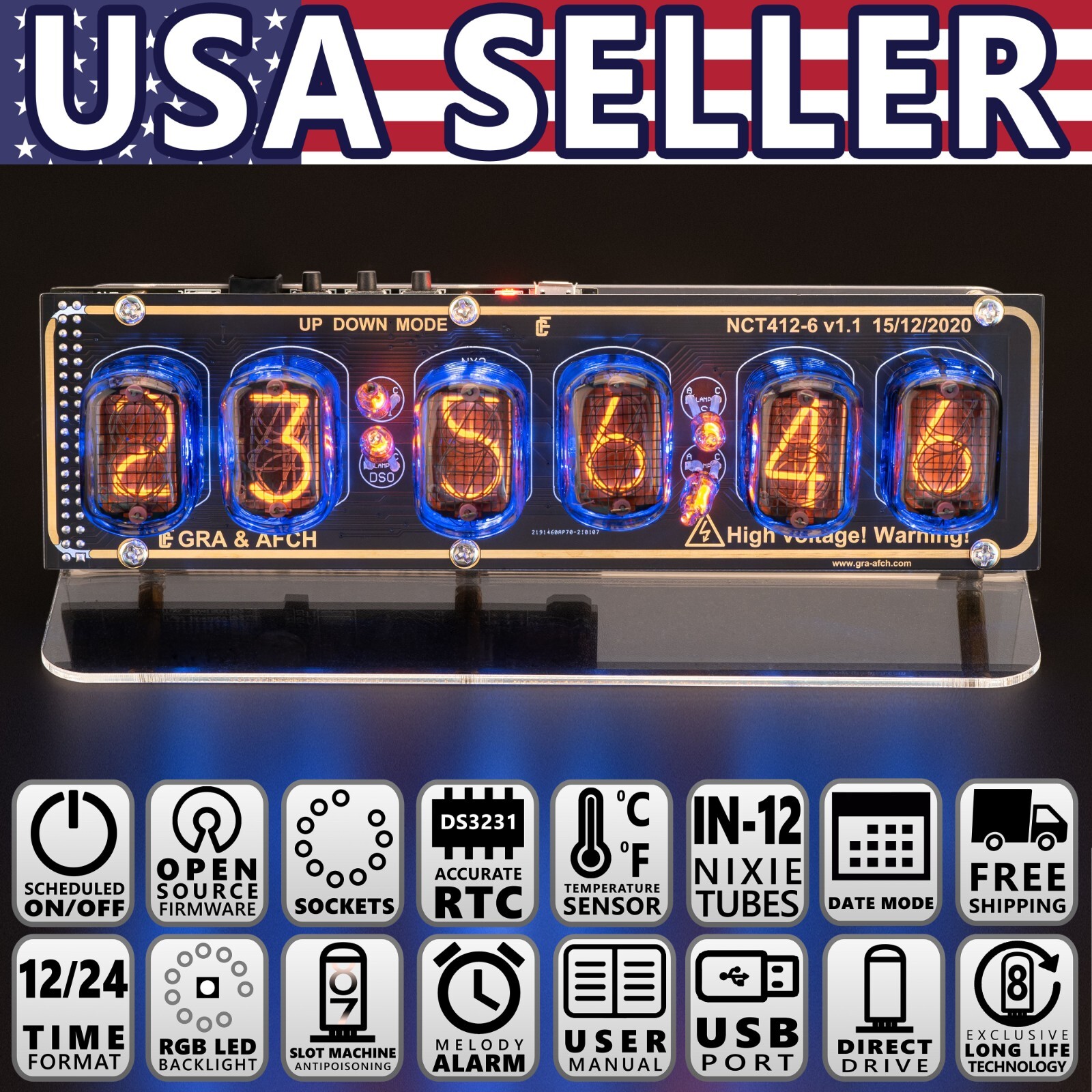 IN-12 Nixie Tubes Clock, Acrylic Stand Sockets, 12/24  - USA Seller
