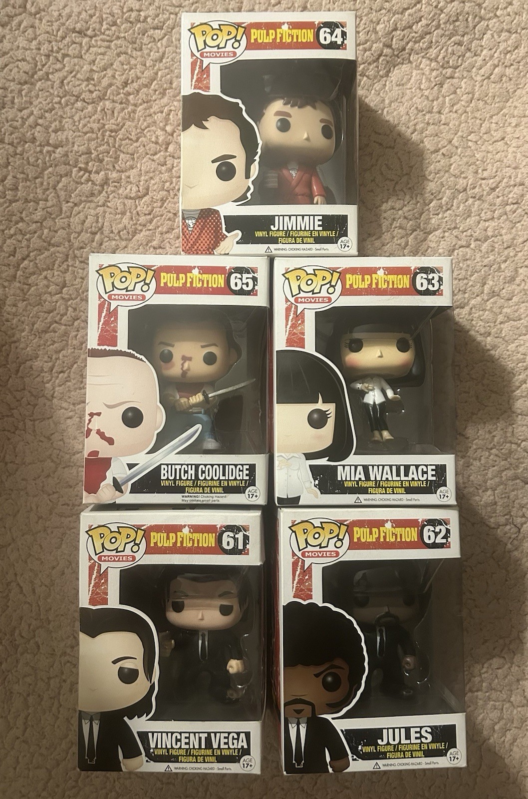 Funko Pop Movies Pulp Fiction Lot of 5 Jules, Vincent, Mia, Butch and Jimmie Funko Pop Movies Pulp Fiction Lot of 5 Jules, Vincent, Mia, Butch and Jimmie