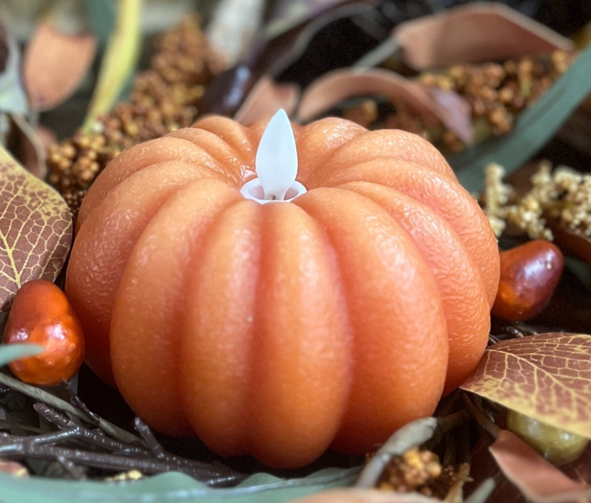 New Primitive Fall PUMPKIN TIMER LED Battery Candle Orange Moving Flame Country