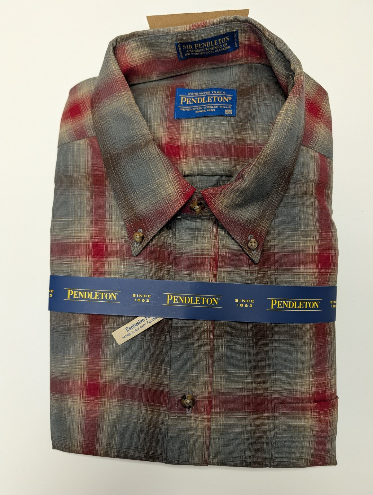 Pendleton Sir Pendleton Merino Wool Shirt Mens XXL Gray Red Plaid Button Up NWT