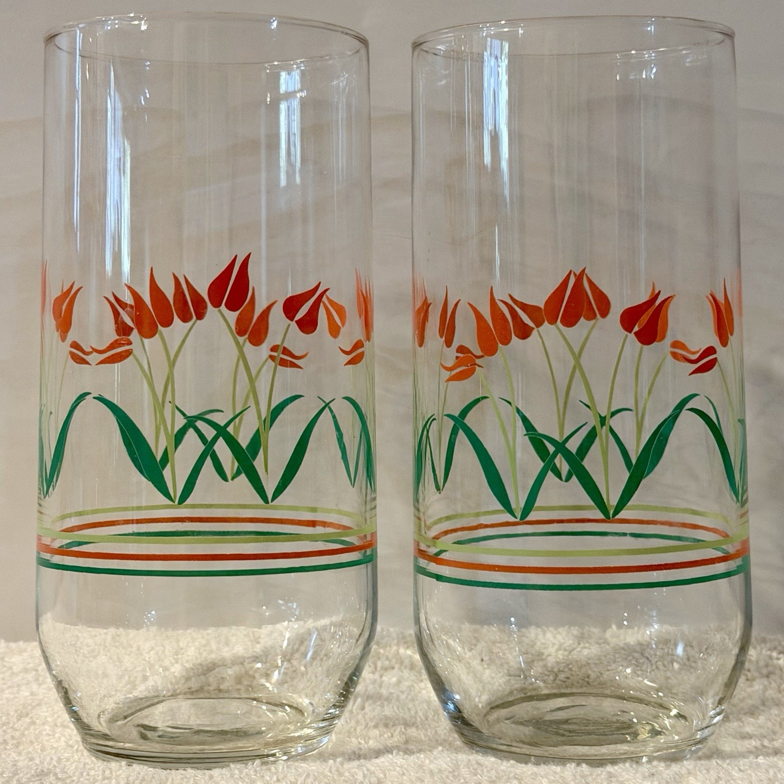 Luminarc Dutch Tulip Tumbler Glass Set: 2 Beverage 16oz Iced Tea MCM Flower Vtg