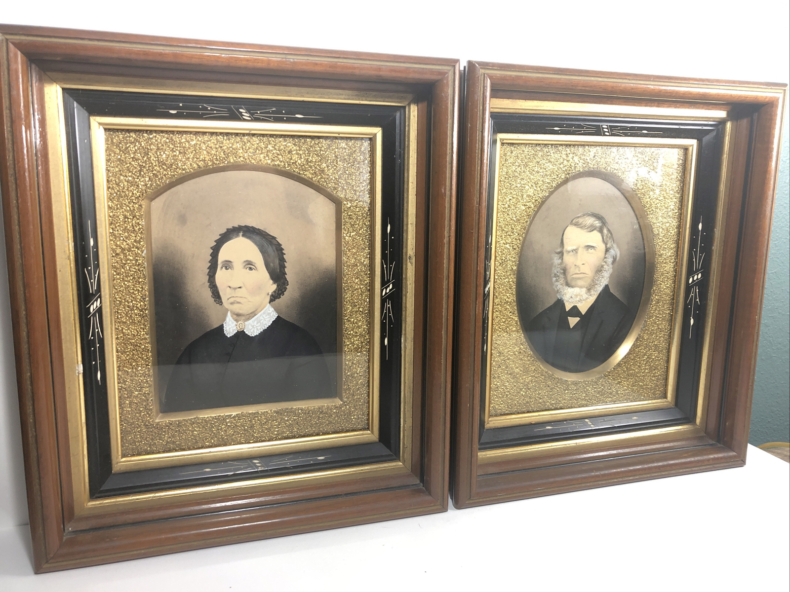Antique Charcoal Portrait Photograph Set-Ornate Gold Frame- Mid 1800’s Couple.