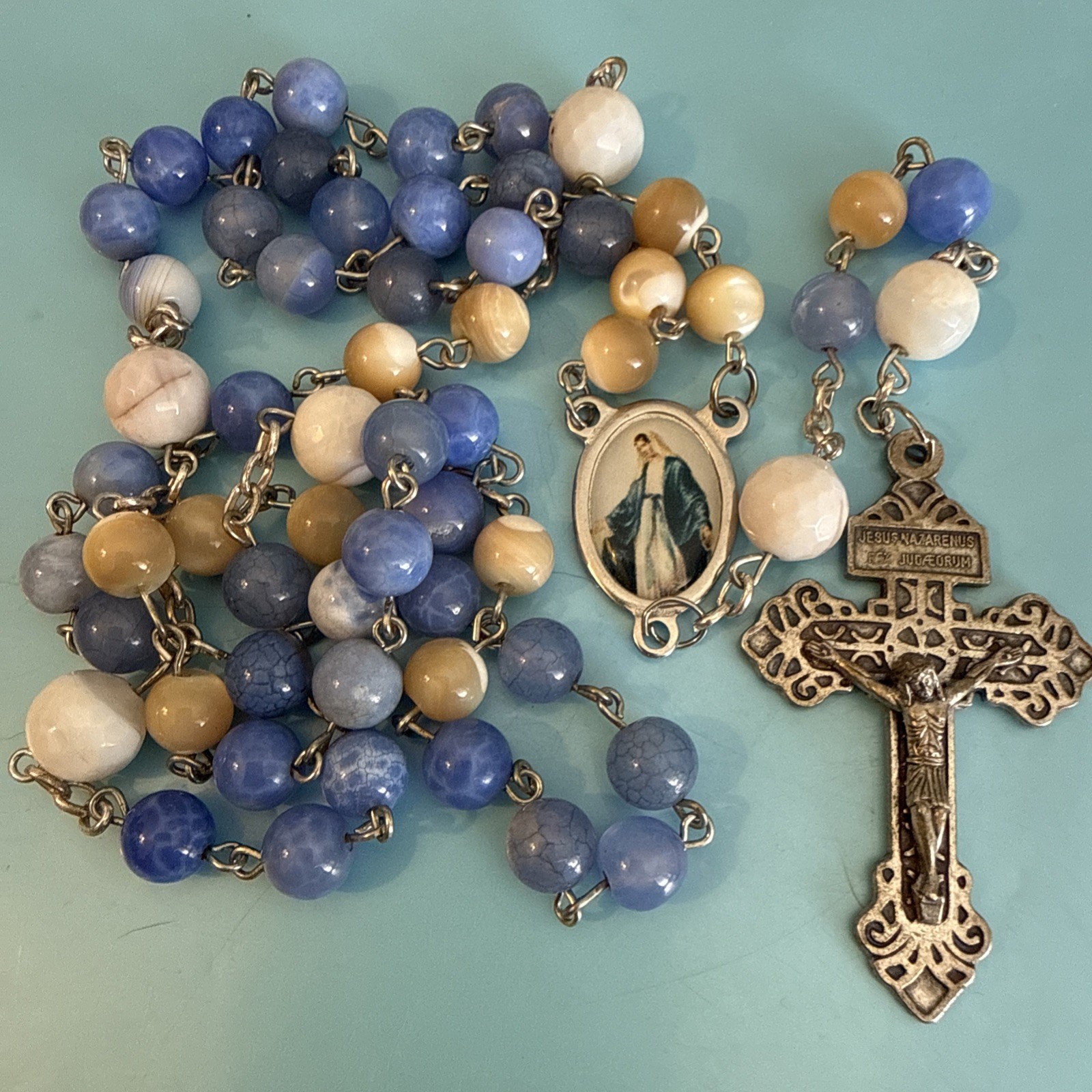 Vintage Italian Cats Eye Glass Beads Silver Tone Cross Rosary Italy Vintage Italian Cats Eye Glass Beads Silver Tone Cross Rosary Italy