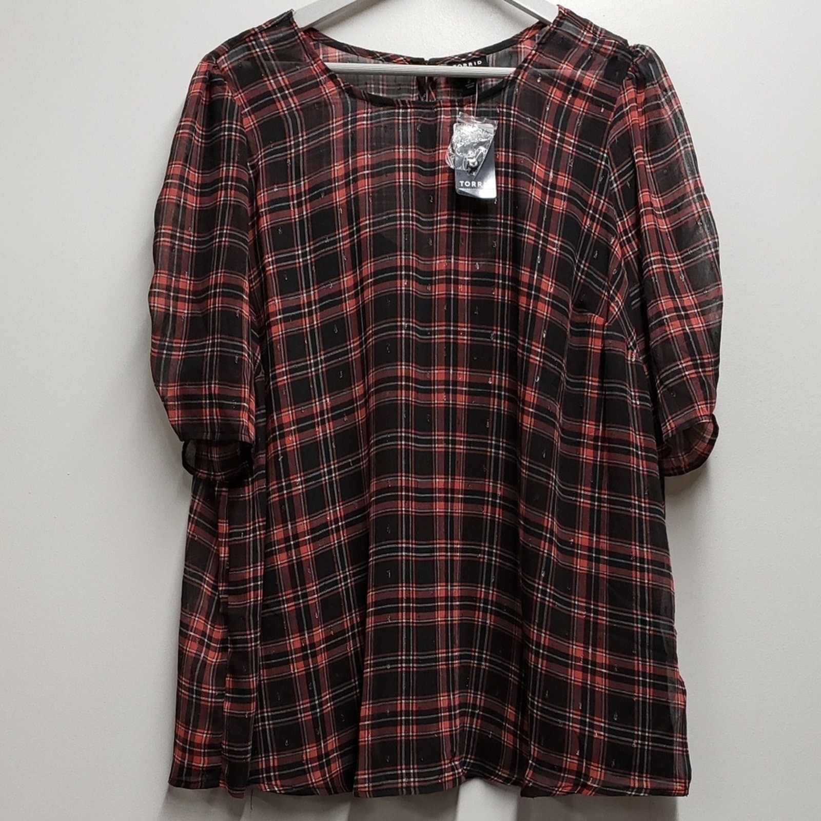Torrid Chiffon Plaid Ruched Sleeve Blouse With Cami Women\'s 2X Office Casual NWT Torrid Chiffon Plaid Ruched Sleeve Blouse With Cami Women\'s 2X Office Casual NWT
