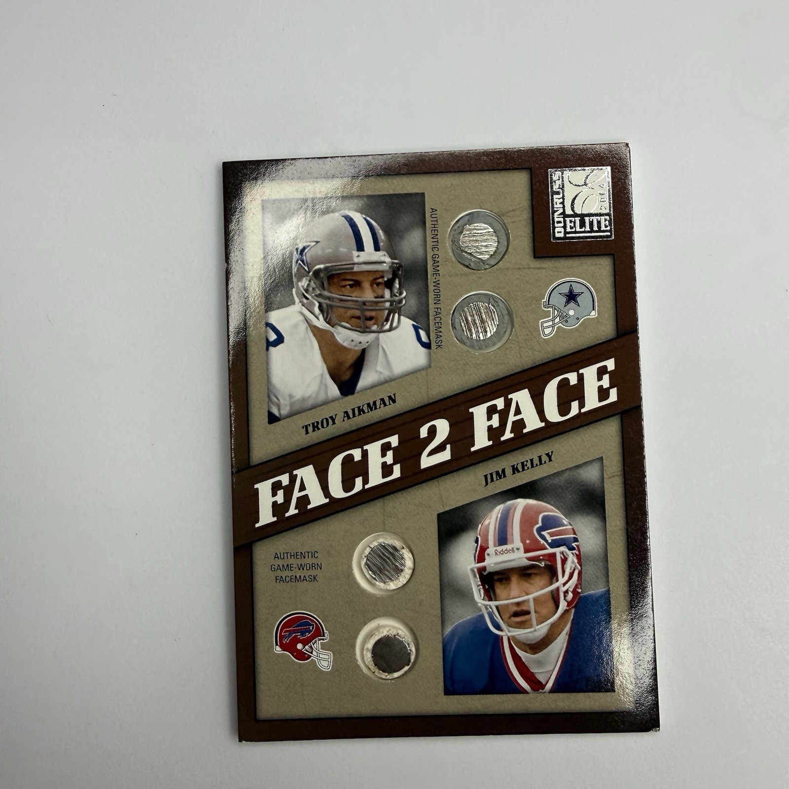 2004 Donruss Elite TROY AIKMAN JIM KELLY /125 FACE 2 FACE GAME WORN FACEMASKS 2004 Donruss Elite TROY AIKMAN JIM KELLY /125 FACE 2 FACE GAME WORN FACEMASKS