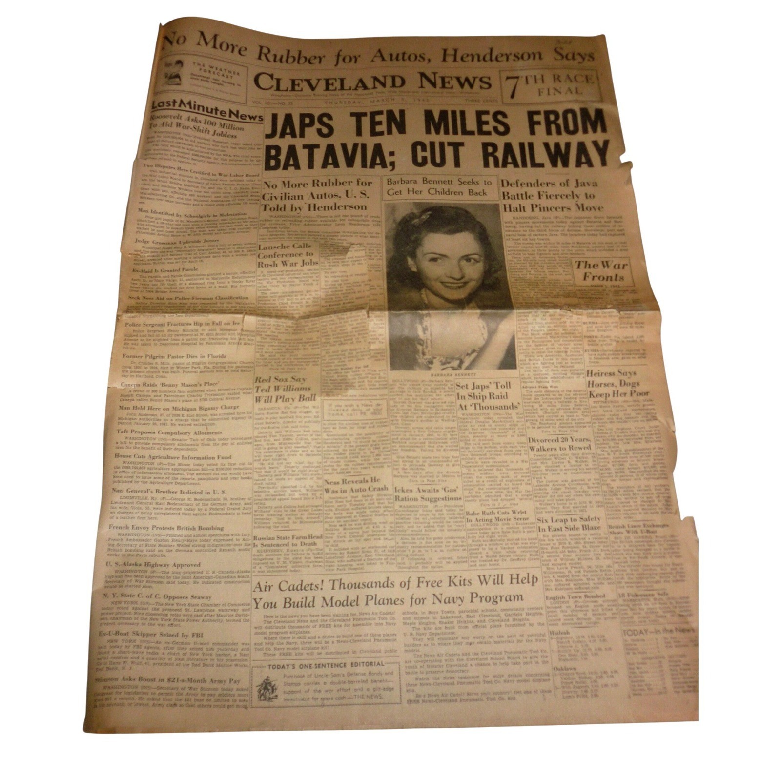 Vintage 1942 Cleveland News Newspaper WWII Batavia Java Ted Williams Rationing