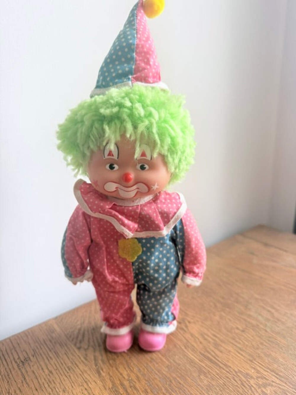 Vintage ABC Toys Clown Doll – Green Hair Pink Blue Polka Dot Circus Decor – Made