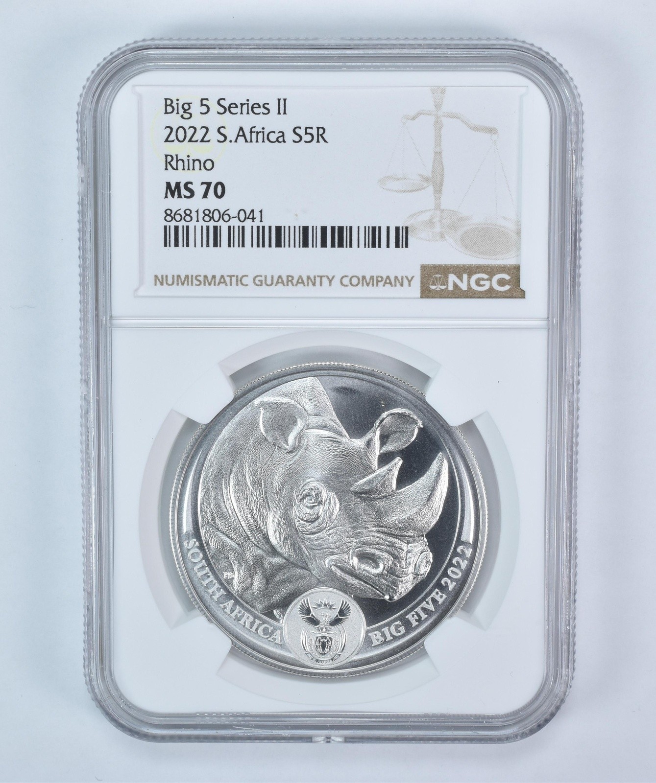 2022 South Africa 5 Rand Silver Big 5 Series II Rhino 1 Oz MS70 NGC 2022 South Africa 5 Rand Silver Big 5 Series II Rhino 1 Oz MS70 NGC