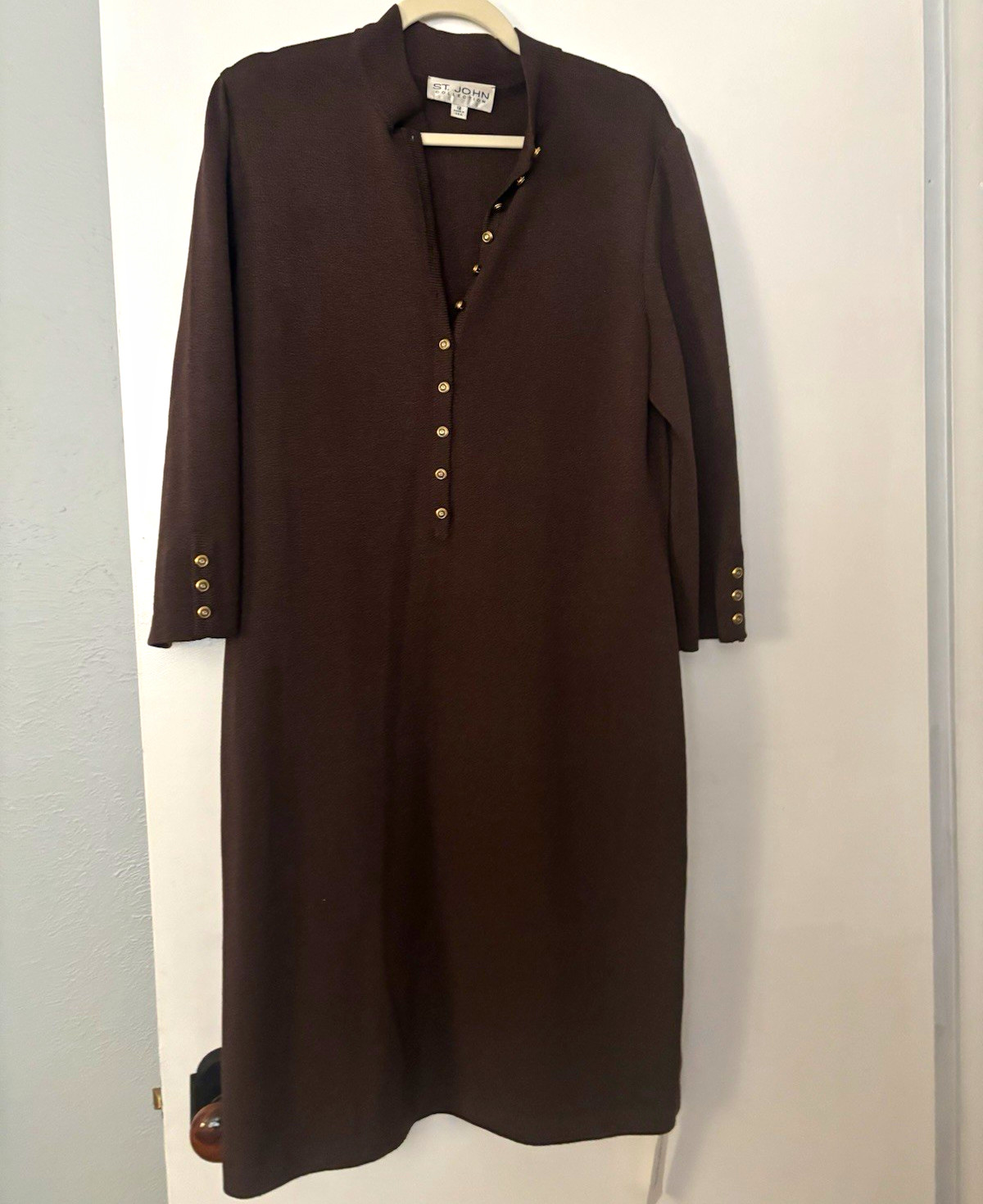 St. John Collection Brown Knit Shift Dress Collared Button Front 3/4 Sleeve 12