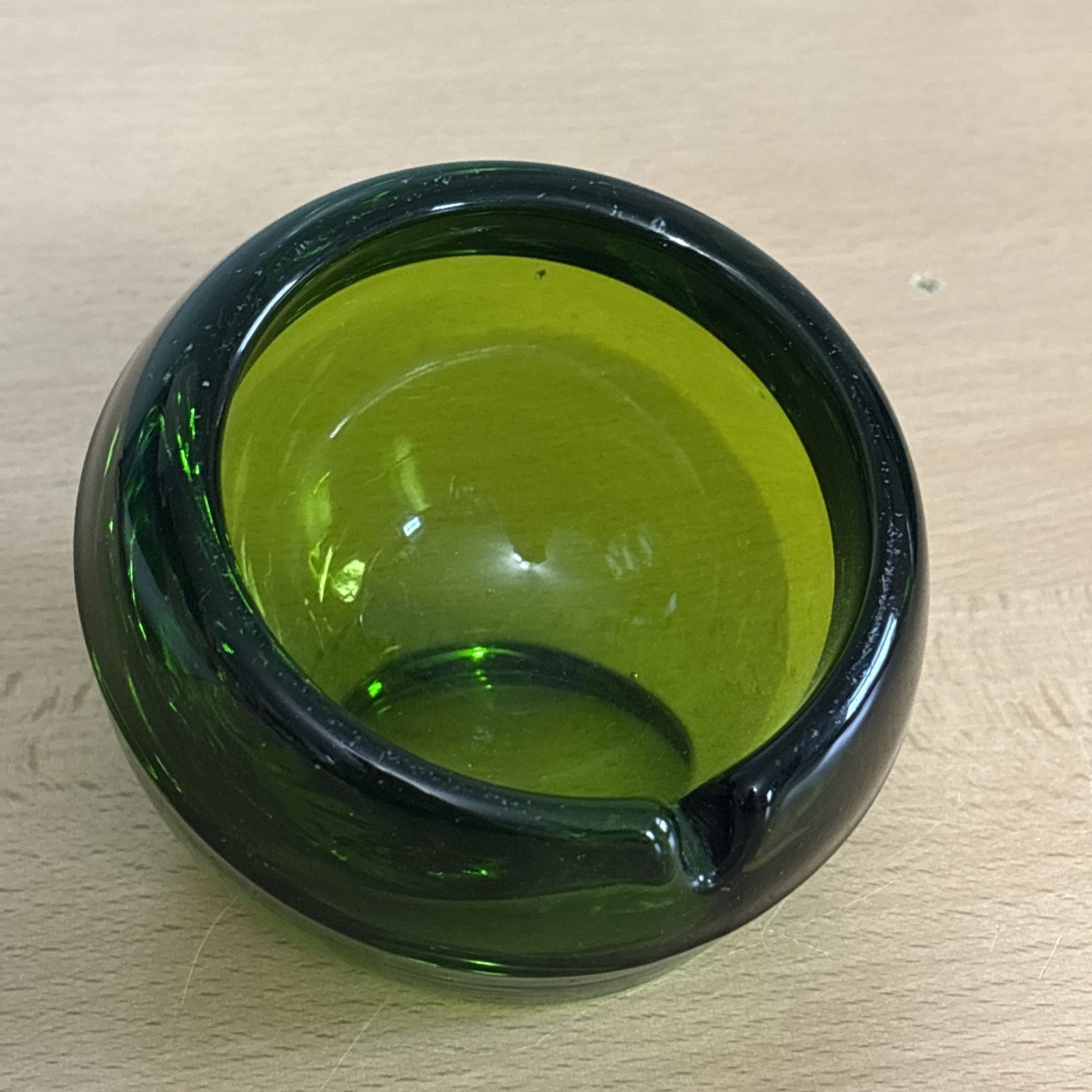 Vintage Viking Orb Ashtray Slanted Sphere MCM Green Glass 4\ Vintage Viking Orb Ashtray Slanted Sphere MCM Green Glass 4\