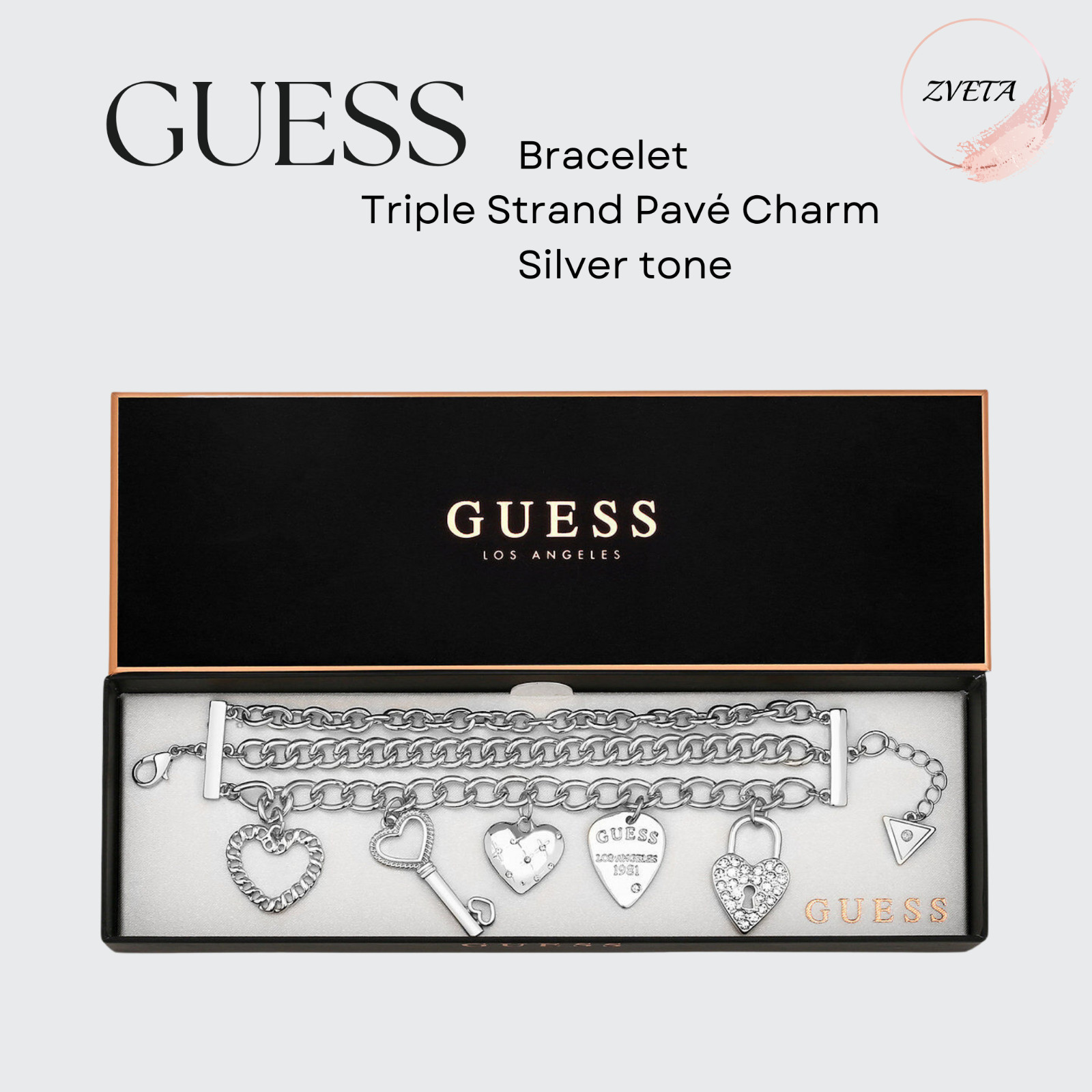 GUESS, Triple Strand Pavé Charm silver tone, Bracelet
