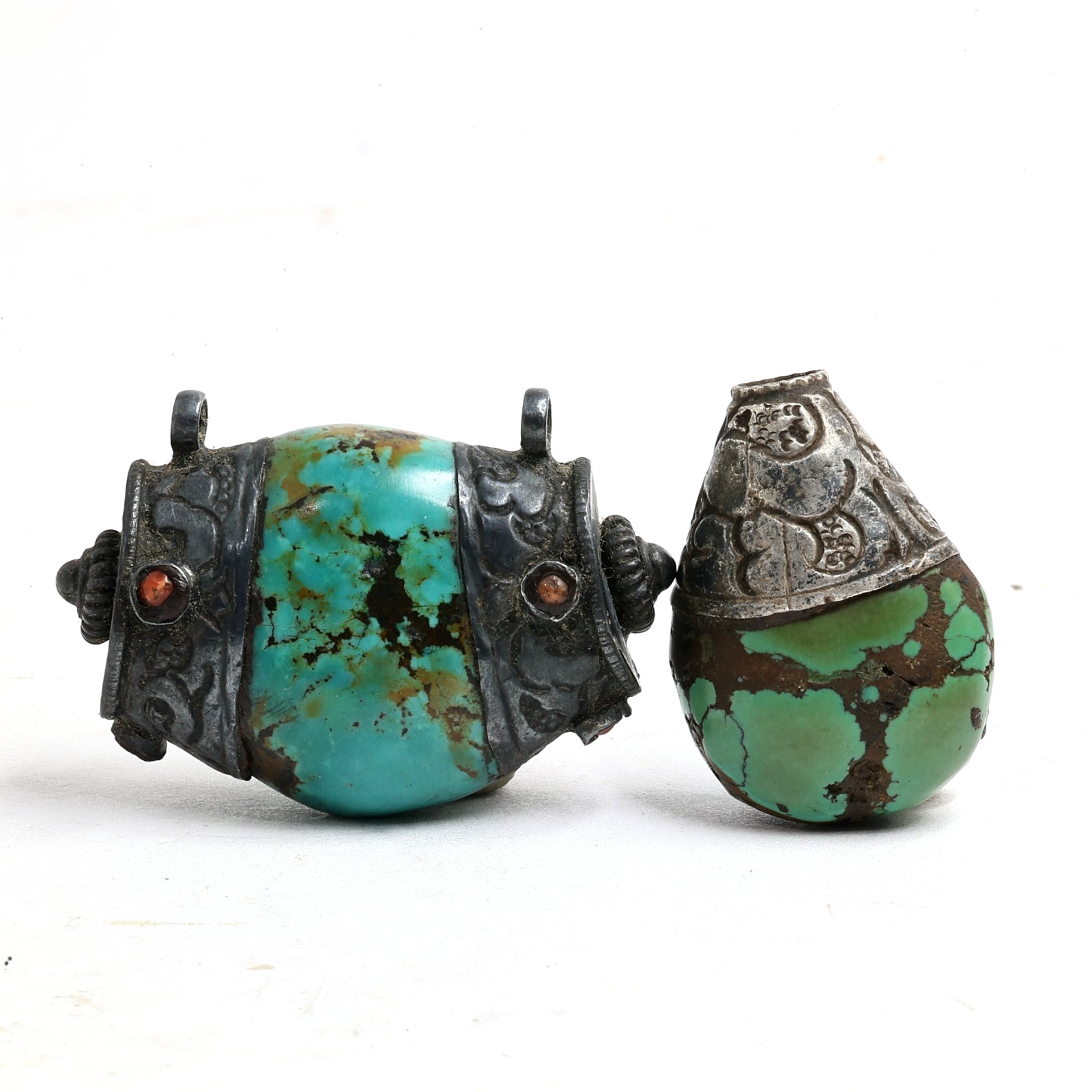Century-Old Antique Tibetan Silver Capped Cylinder Turquoise Bead Pendant