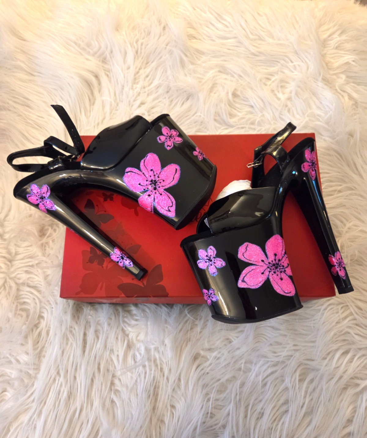 Pink and Black Floral Black Light Glow Pleaser Heels 8 Inch XTREME-809HB Sz 9 Pink and Black Floral Black Light Glow Pleaser Heels 8 Inch XTREME-809HB Sz 9