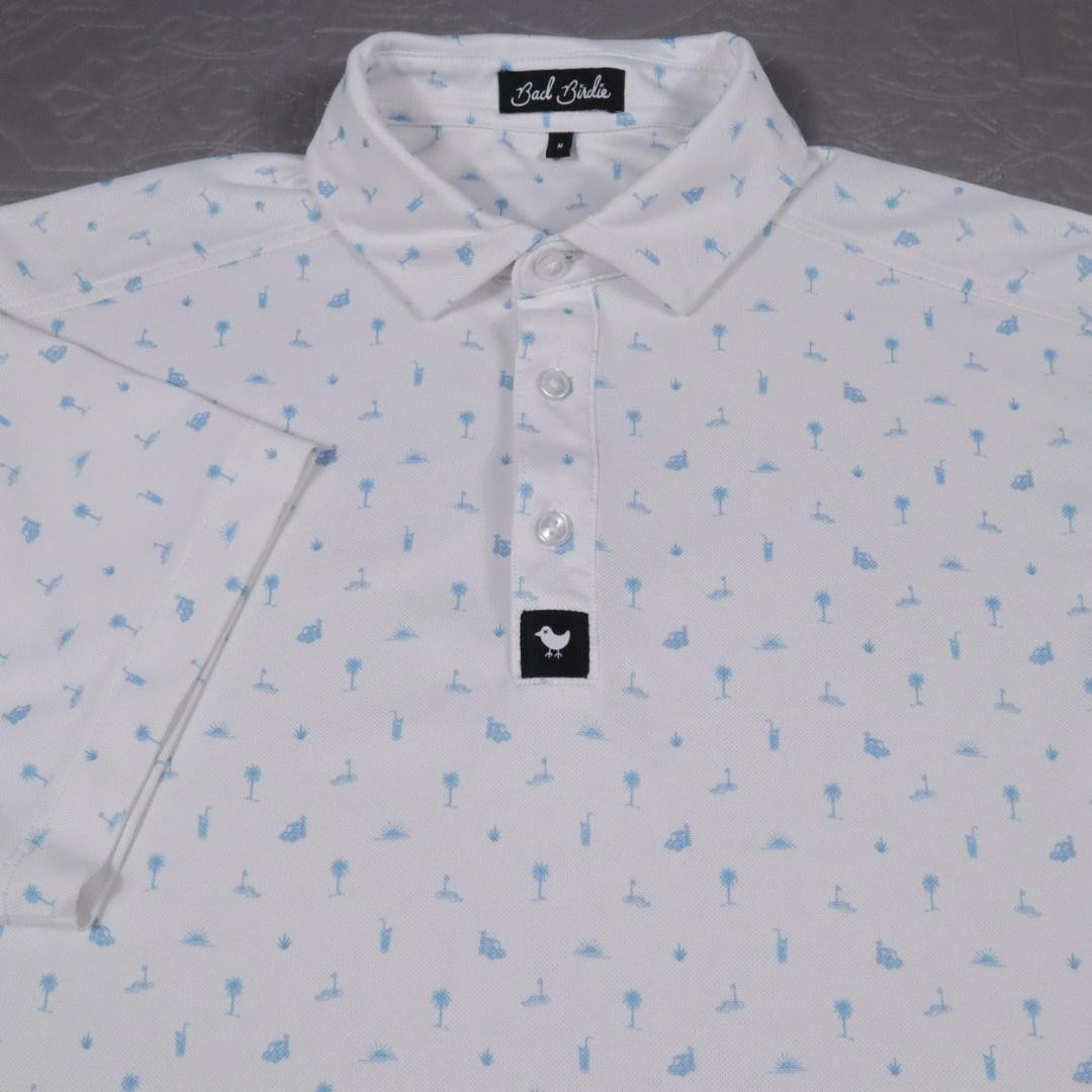 Bad Birdie Polo Shirt Mens M White Blue Geometric Print Golf Performance Stretch