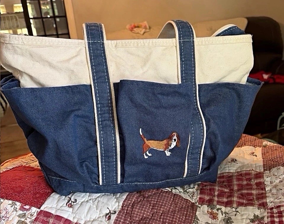 L.L.Bean Boat & Tote - Denim Garden Tote - Embroidered with Basset Hound