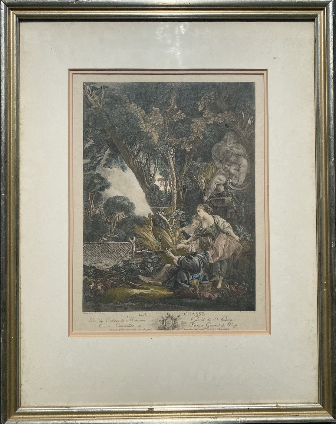 18th C French Hand Colored Engraving After Boucher La Chasse Beauvarlet