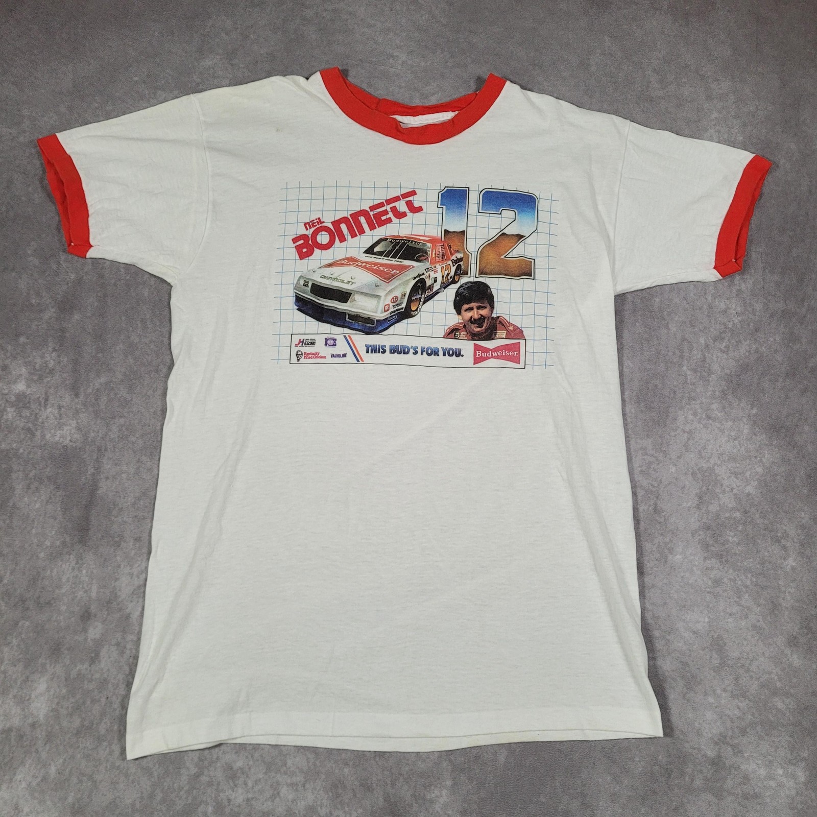 Vintage Neil Bonnett Shirt Mens Medium Ringer NASCAR Budweiser  Racing 80s
