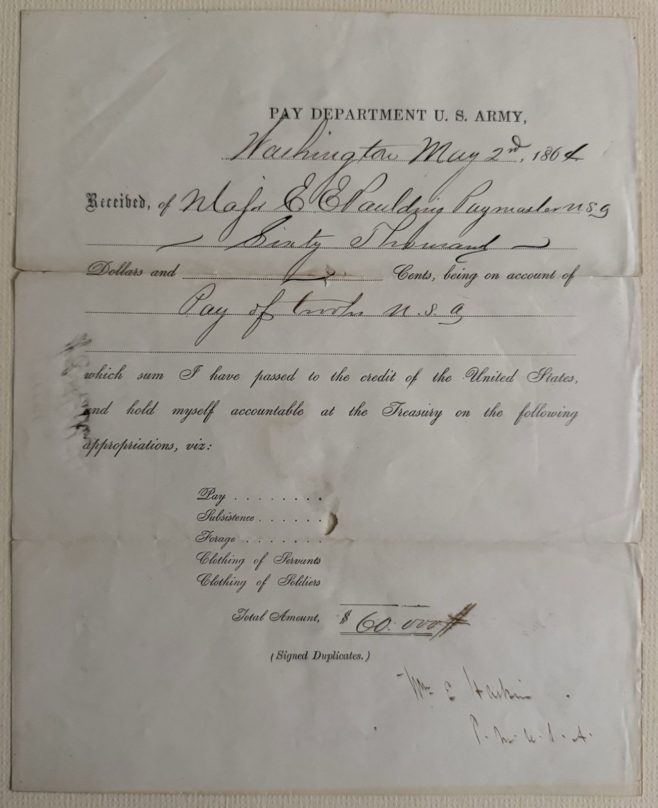 1864 Civil War Pay Order For $60,000
