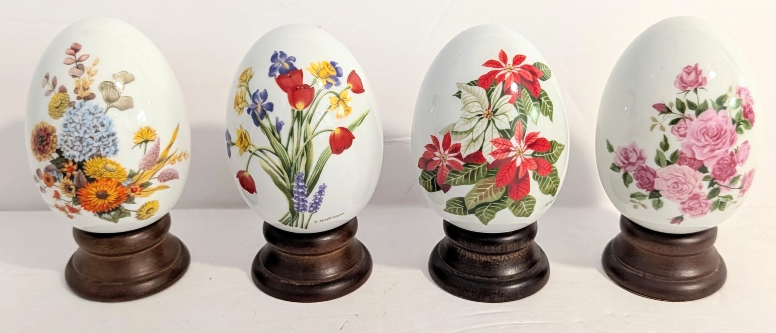 Avon - 1987 & 1988 Avon Porcelain Eggs - Set of 4 w/Wood Holders Avon - 1987 & 1988 Avon Porcelain Eggs - Set of 4 w/Wood Holders