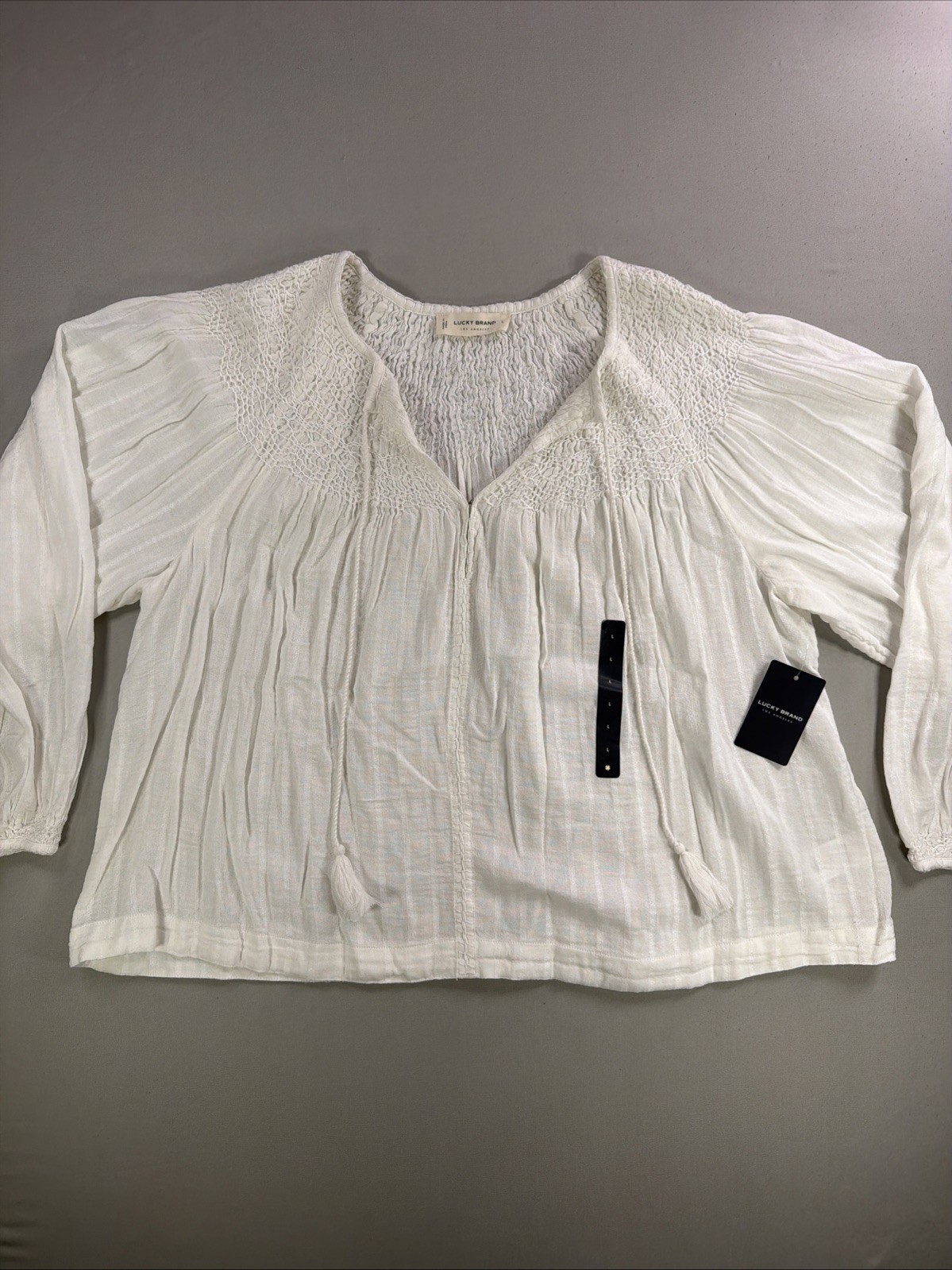 NWT Lucky Brand Women\'s White Smocked Boho Peasant Top Tassel Blouse Large NWT Lucky Brand Women\'s White Smocked Boho Peasant Top Tassel Blouse Large
