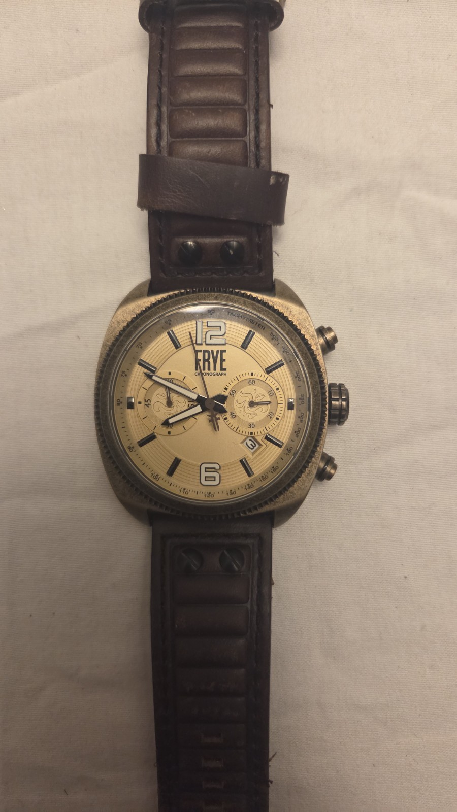 Frye Chronograph Quartz Gold Tone Cushion Men\'s Watch Brown Leather Strap 10 ATM