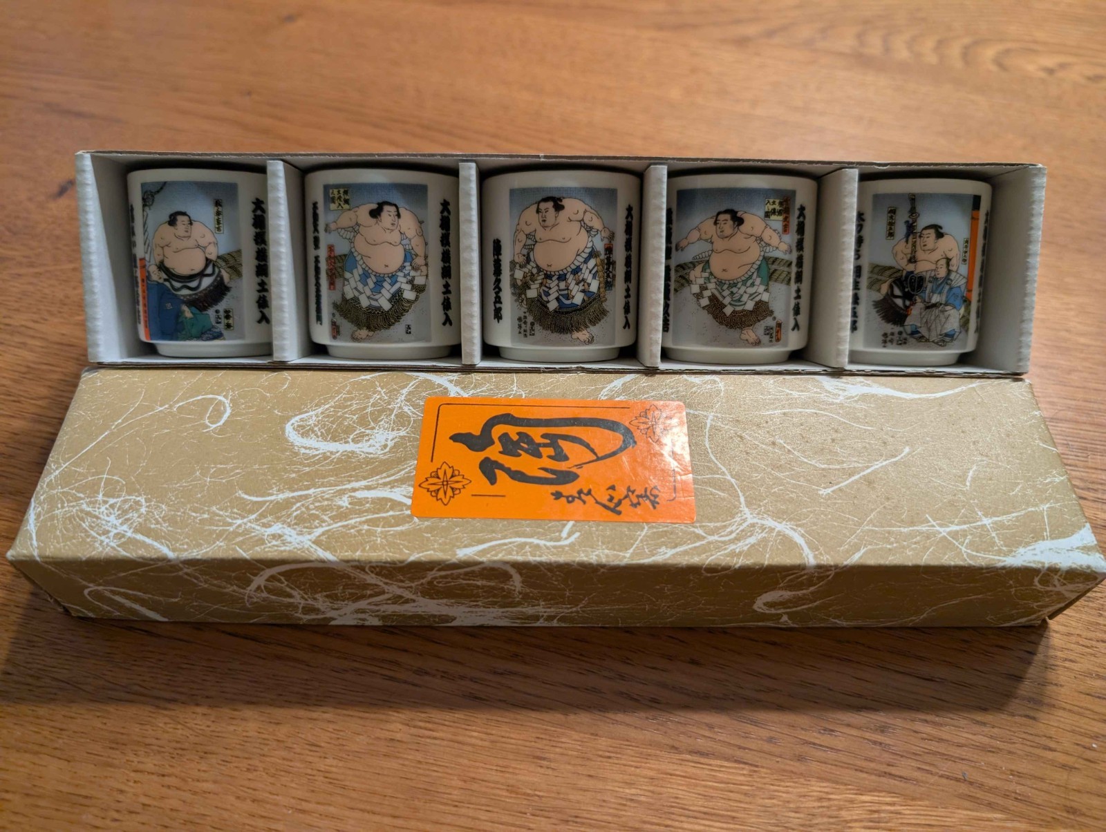 VINTAGE JAPANESE SET OF 5 PORCELAIN SUMO WRESTLER TEA SAKE SHOT GLASSES CUPS VINTAGE JAPANESE SET OF 5 PORCELAIN SUMO WRESTLER TEA SAKE SHOT GLASSES CUPS