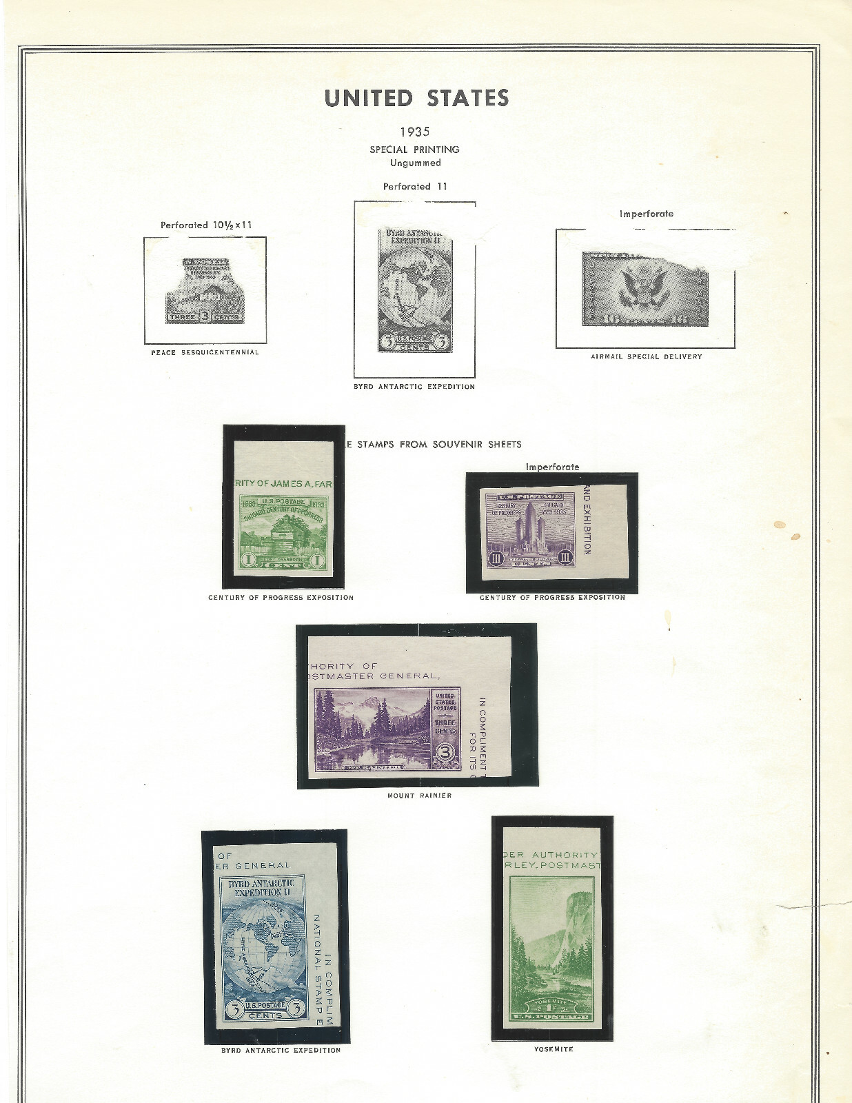 1935 US SPECIAL PRINTING IMPERF MINT MNG STAMPS ON PAGE GREAT GIFT IDEA FOR DAD