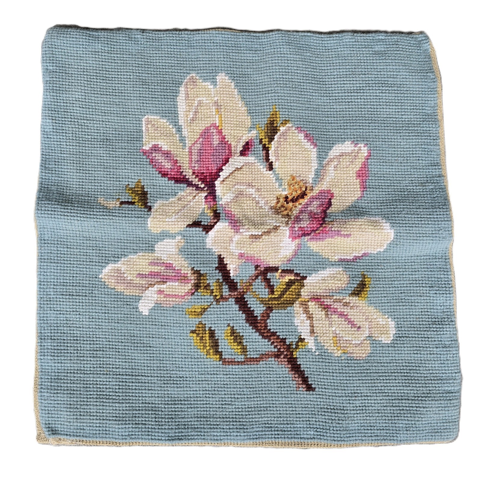 Vintage Needlepoint Finished Completed Floral Pillow Top 13 x 13 Blue Background